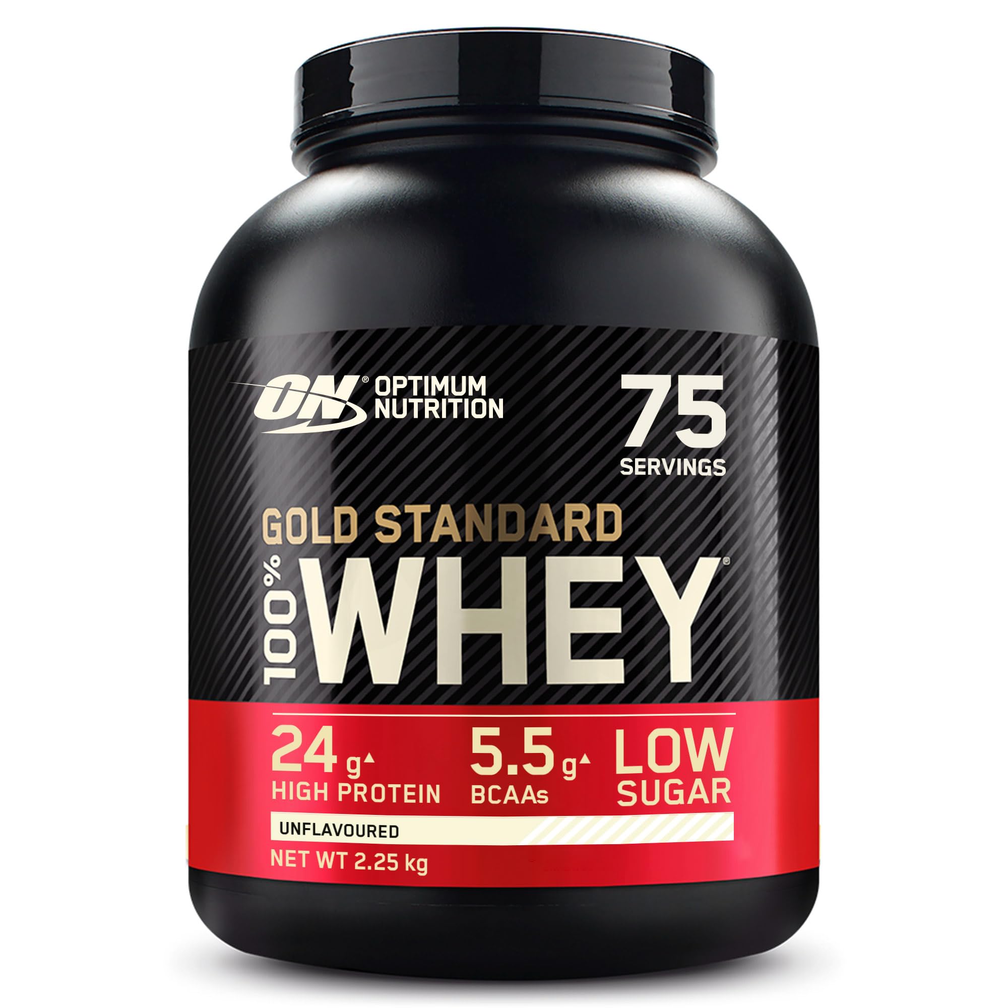 Optimum Nutrition Gold Standard Whey Muscle Building and Recovery Protein Powder With Naturally Occurring Glutamine and Amino Acids, Unflavoured, 75 Servings, 2.25kg, Packaging May Vary