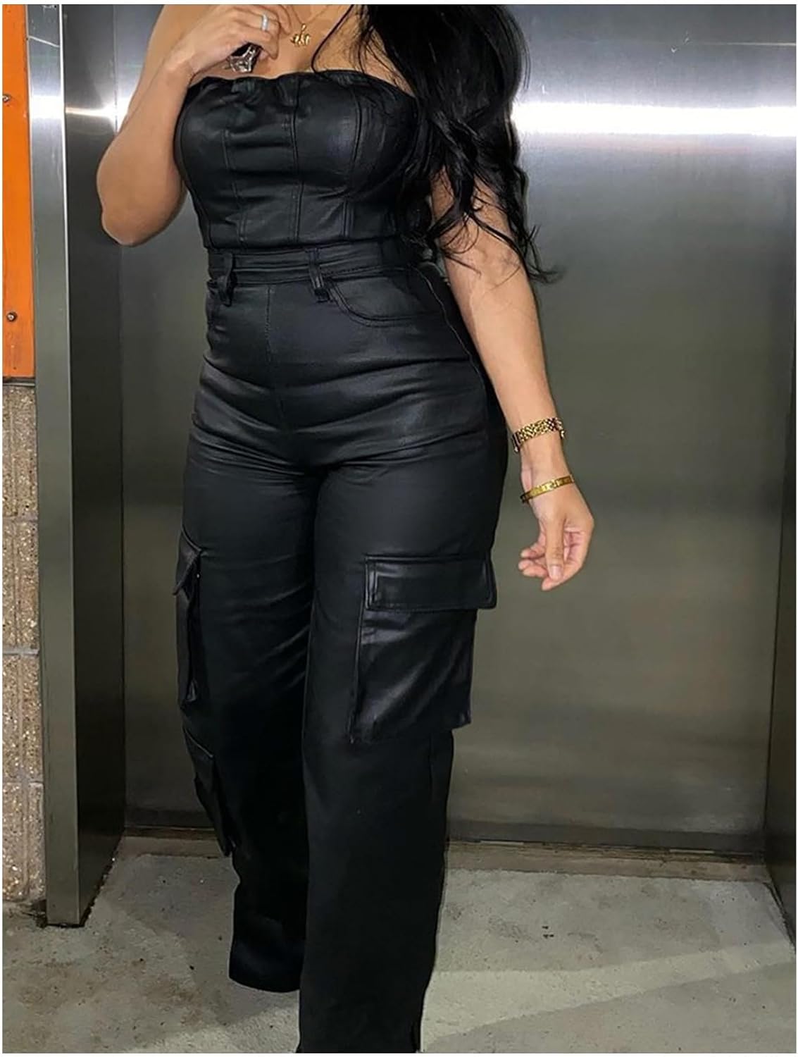 Sexyshine Women's Faux PU Leather Jumpsuit Sexy Off Shoulder High Waist Wide Leg Cargo Pants Long Rompers Overalls - Image 3