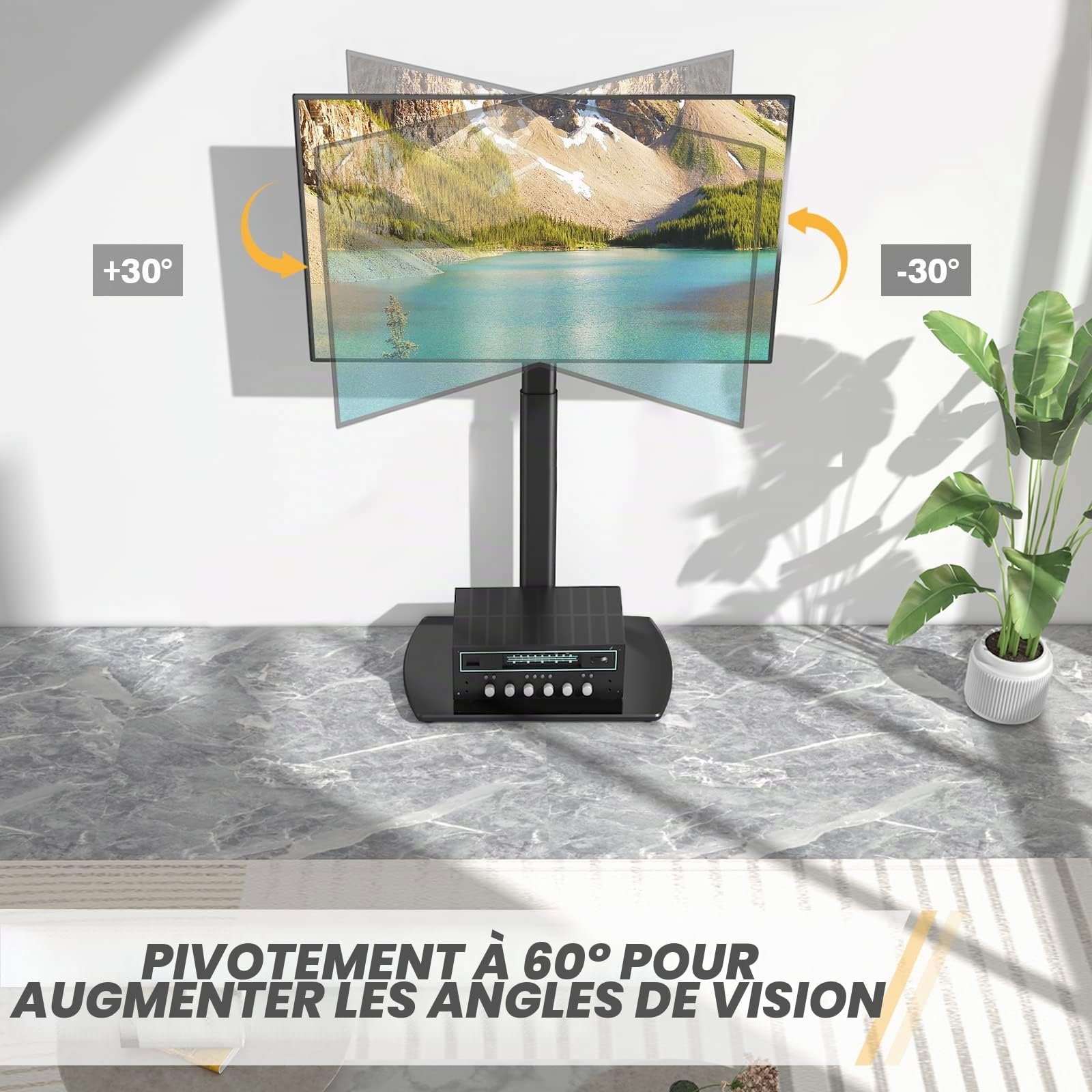 RFIVER Meuble Support TV sur Pied pour Téléviseur de 32 à 65 Pouce Ecran LED LCD Plasma Jusqu’ à 35kg Pied TV Pivotant à 60 Degrés Hauteur Réglable Gestion des Cables