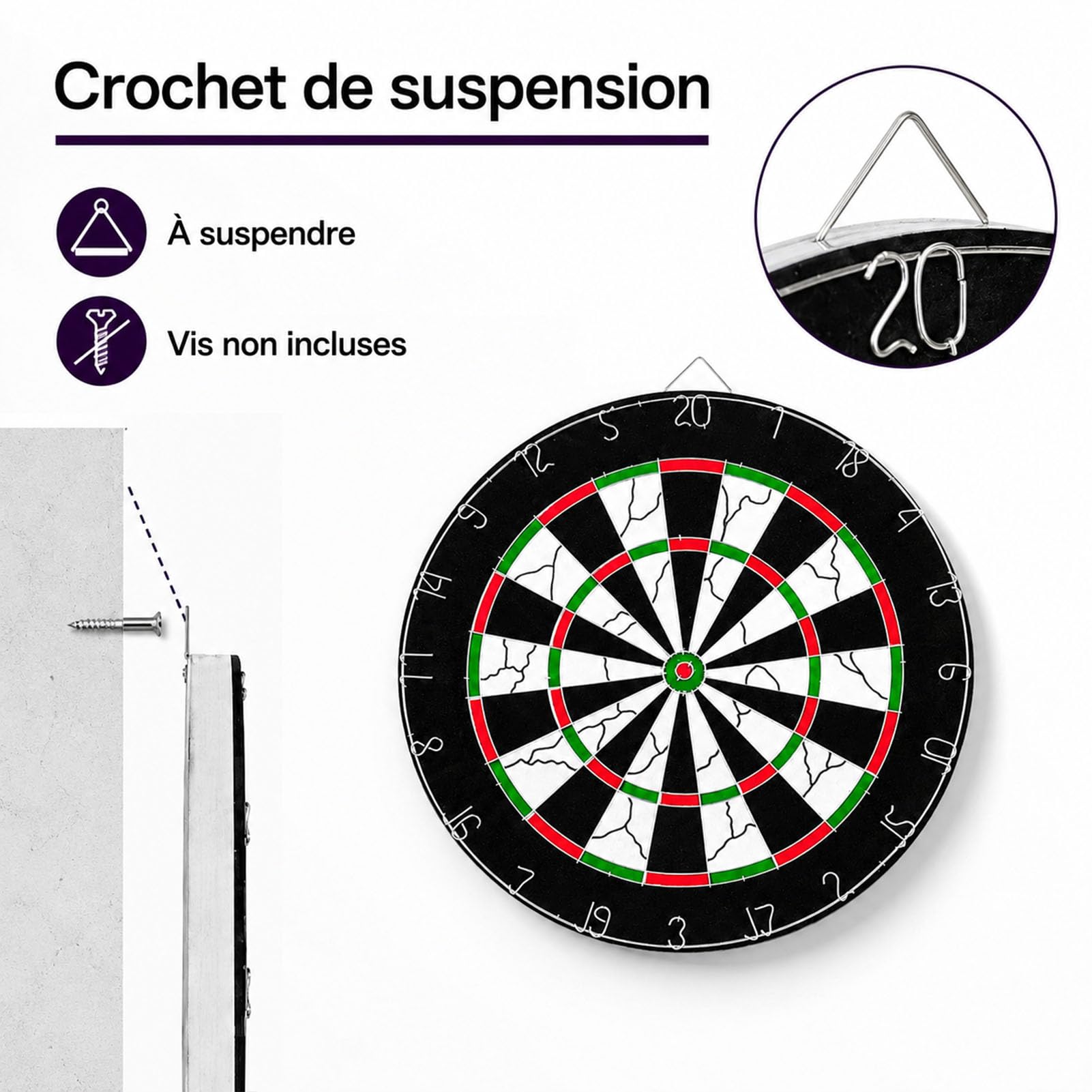 Cible de Fléchettes 45 cm, Jeu de Fléchettes avec 6 Fléchettes à Pointe en Acier, Double Face, Surface Floquée, 2,5 cm D'épaisseur, à Suspendre avec Crochet, pour Adultes, Salle de Jeux