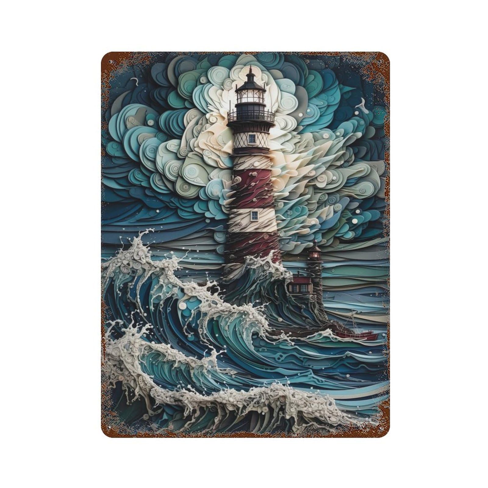 Lighthouse in The Storm Vintage Wall Sign 15.7"x11.8", Rust Effect Metal Decor for Farmhouse, Kitchen And Entryway Decor