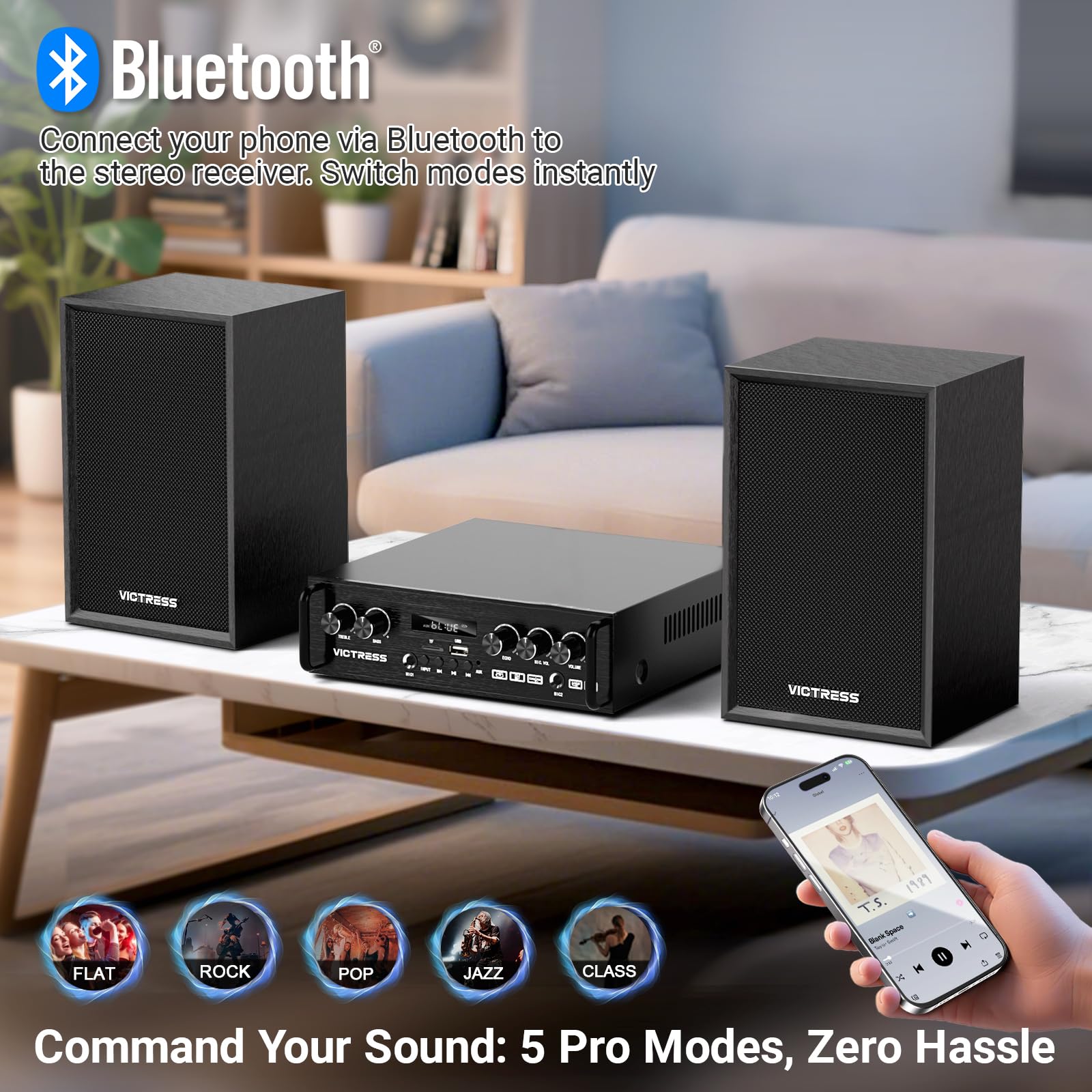 Ricevitori e amplificatore audio domestico all-in-one con altoparlante HiFi professionale e doppi microfoni wireless UHF, set di amplificatori stereo Bluetooth 5.0 per casa/festa/musica, USB/TF/AUX