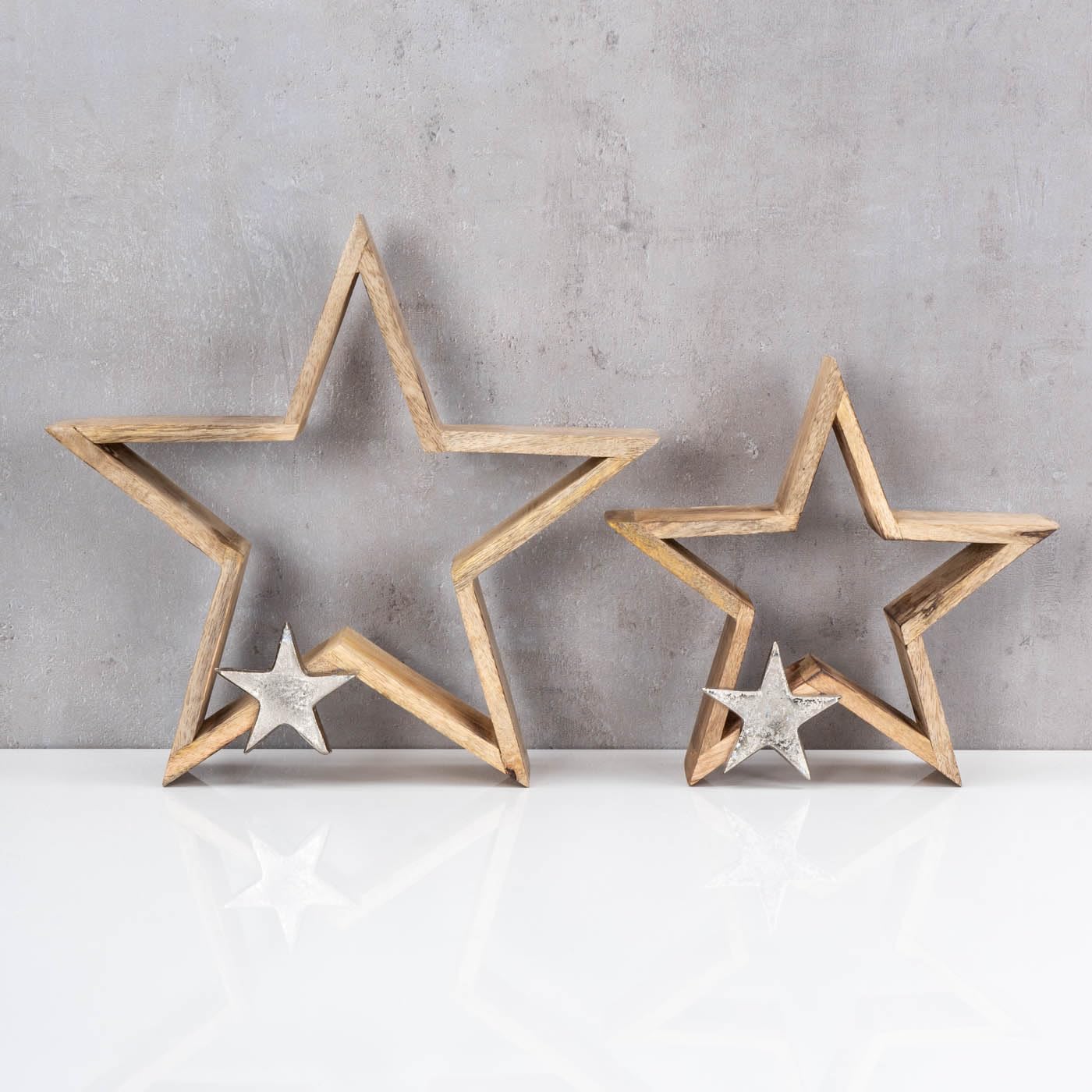 levandeo 2er Set Sterne 25-33cm Mango Holz Natur Braun Silber Weihnachtsdeko Tischdeko Dekoration Deko Aufsteller Weihnachten Wohndekoration Geschenk