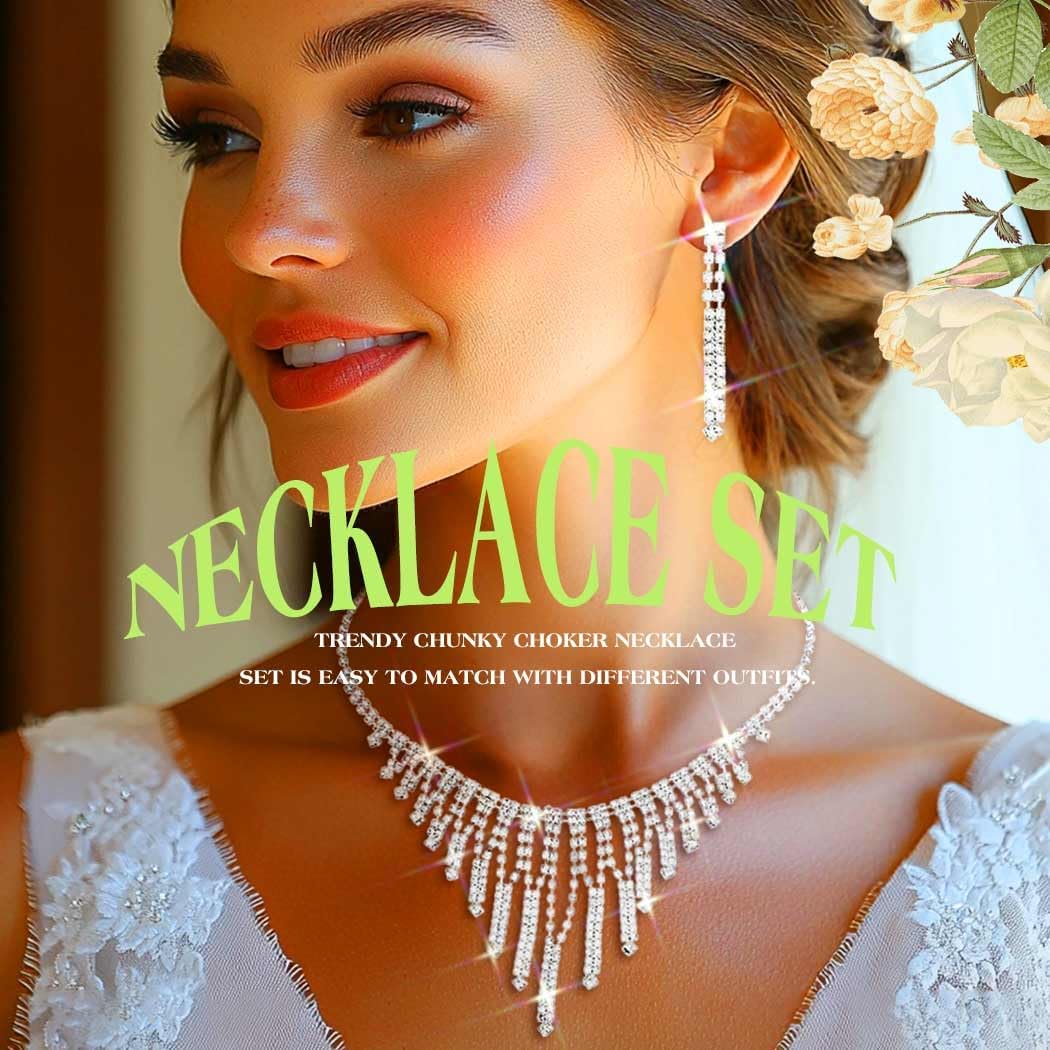 TWINKLEDE Silver Rhinestone Necklace Jewelry Set Wedding Prom Necklaces and Earrings for Women - Image 6