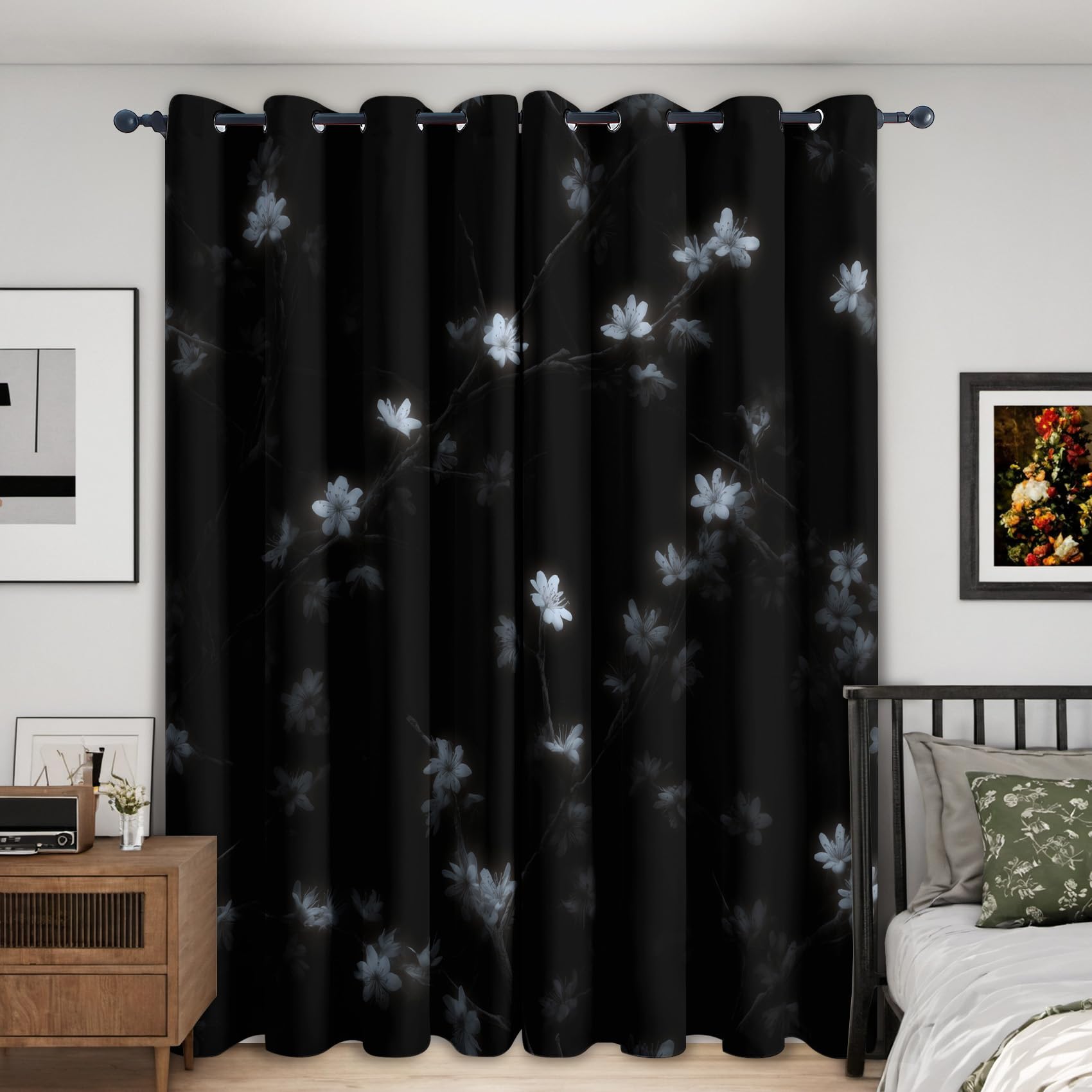 Dark Flower Curtains Blackout, 46x54 Inch 2 Panels - Modern Minimalism Floral Pattern Black Out Curtains, Home Decor, 54 Drop Eyelet Window Drapes for Bedroom, Living Room KA253