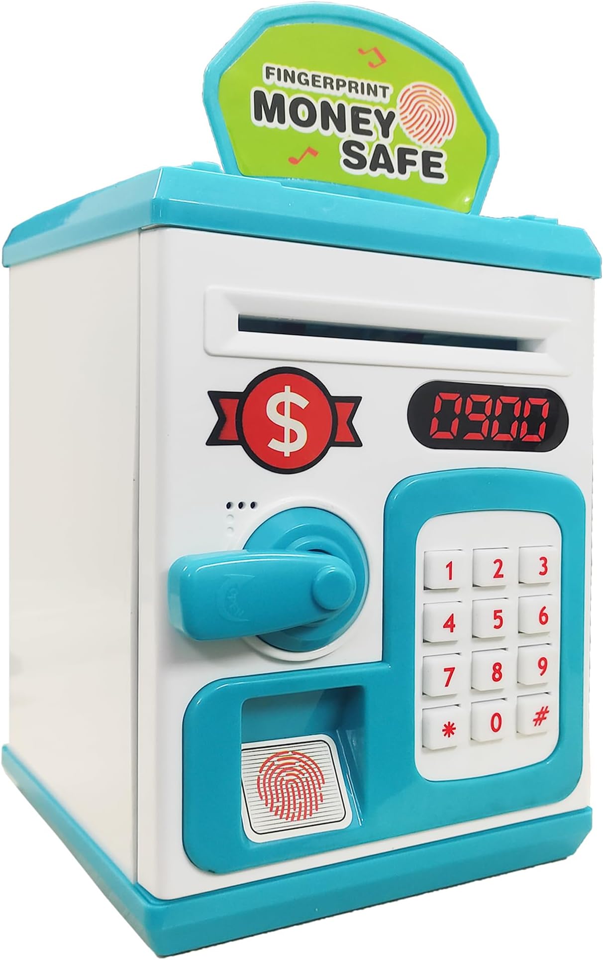 VGRASSP Money Safe Piggy Bank (The Gullak) Toy for Kids and Adults with 3 Step Unlock - Feed Number Password Touch Finger Sensor Then Twist Handle to Open The Door (Blue - White)