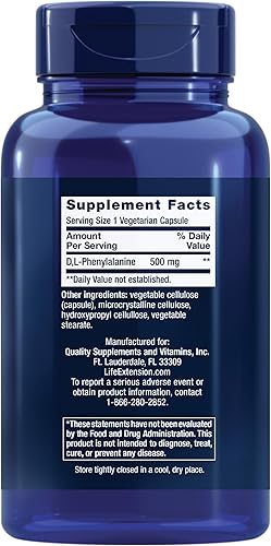 Miniatura 2 de Life Extension D L-fenilalanina 500 mg - Mejora el estado de ánimo, la memoria nutritiva, el enfoque y el rendimiento cognitivo, sin OMG, sin