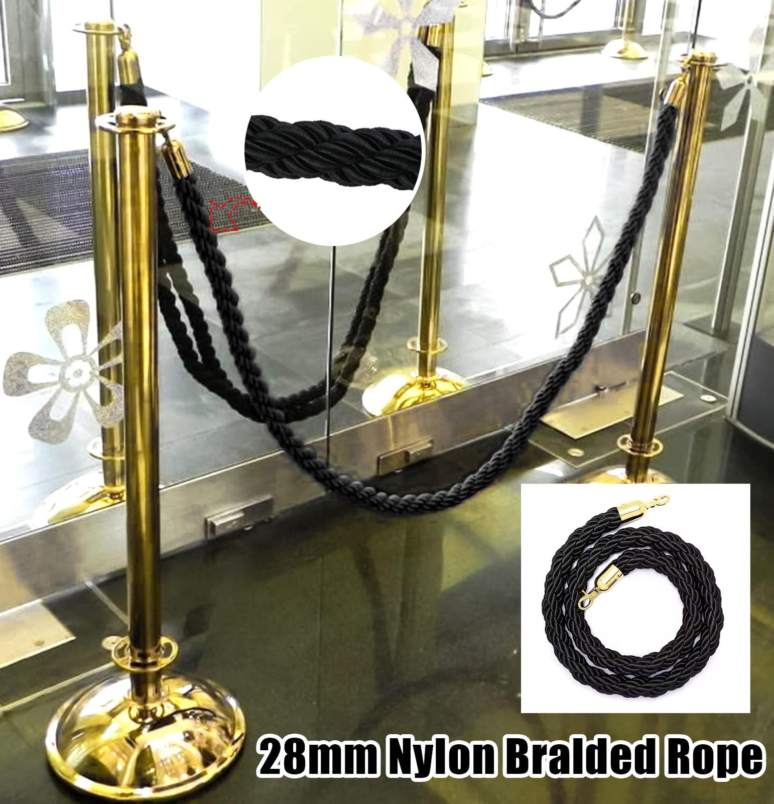 Oracra Stanchion Rope 2ft 3ft 5ft 6ft 7ft 8ft 9ft 10ft Queue Barrier Ropes, Safety Stanchion Crowd Control Rope for Red Carpet Theaters Bank, Black Railing Suspension Rope(105cm(3.5ft))