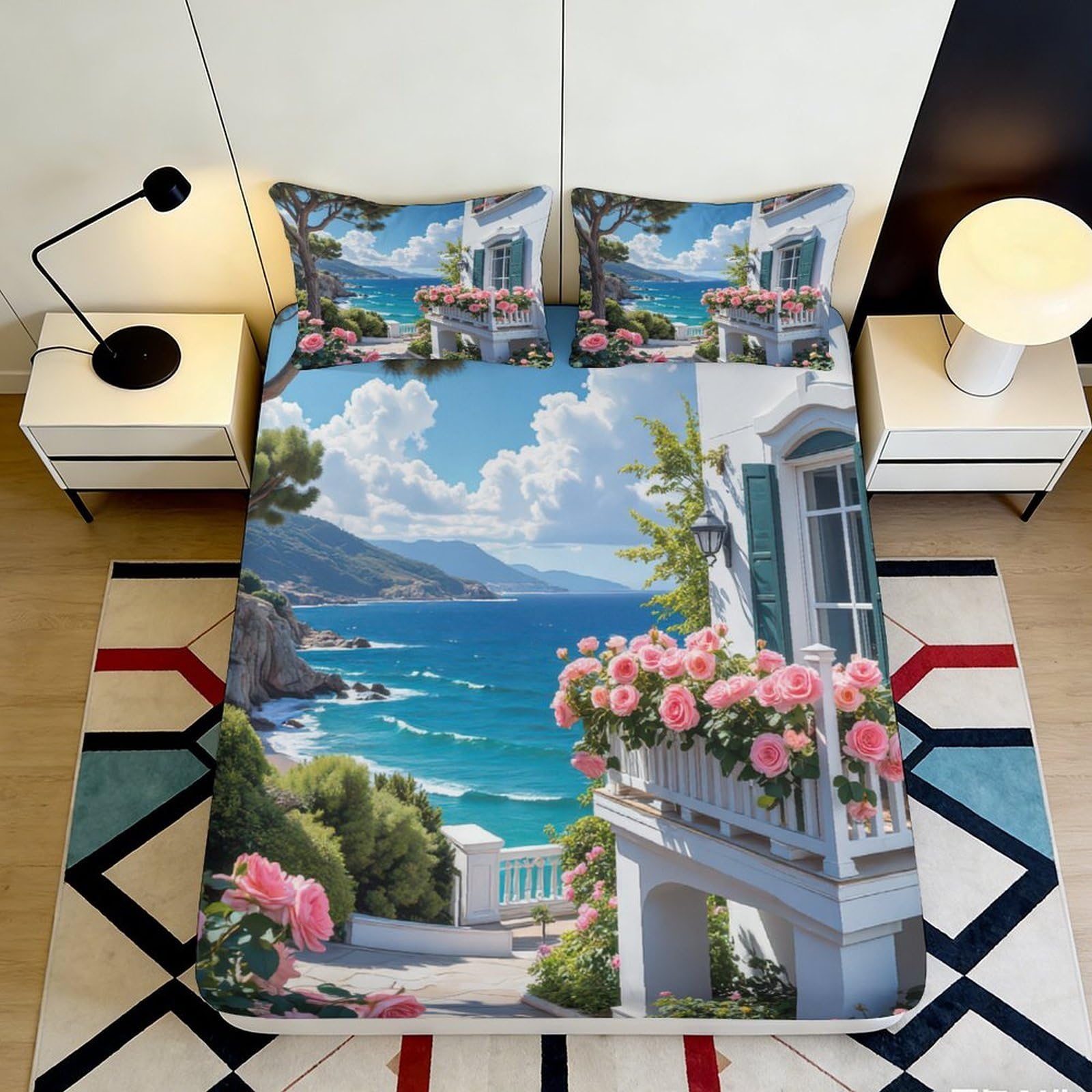 3D Printed Seaside Balcony Fitted Sheet Microfiber Soft Floral Ocean View Bed Cover for Bedroom Guest Room Decor 90x200x25cm
