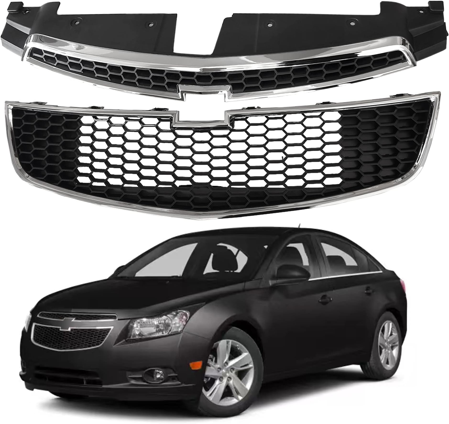 - PartsFlow 2PCS Front Bumper Grille Upper And Lower Grill Black With Chrome For 2011 2012 2013 2014 Chevrolet Chevy Cruze