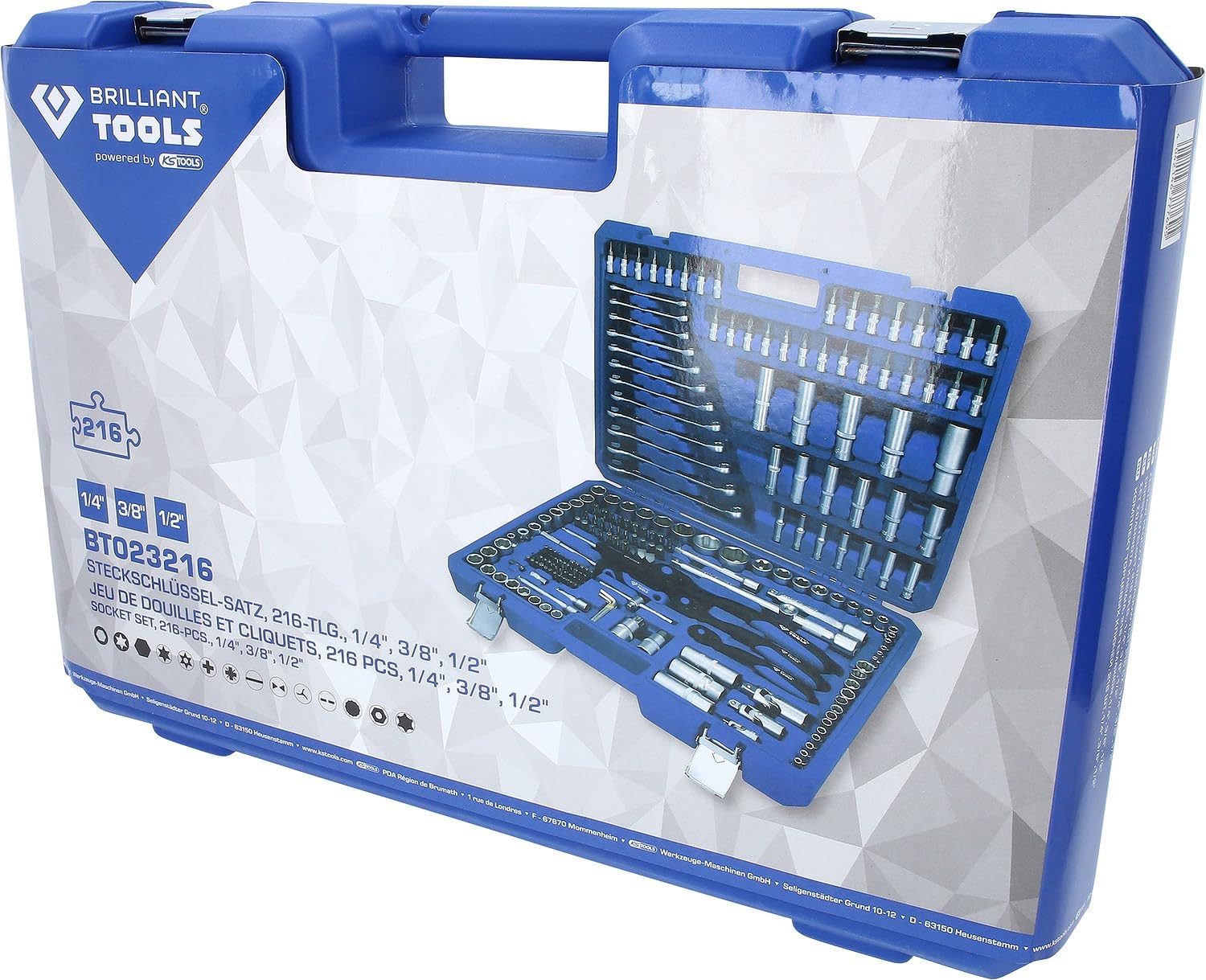 BRILLIANT TOOLS BT023216 Juego de llaves de vaso, 216 pzs, 1/4", 3/8", 1/2" [Powered by KS TOOLS]