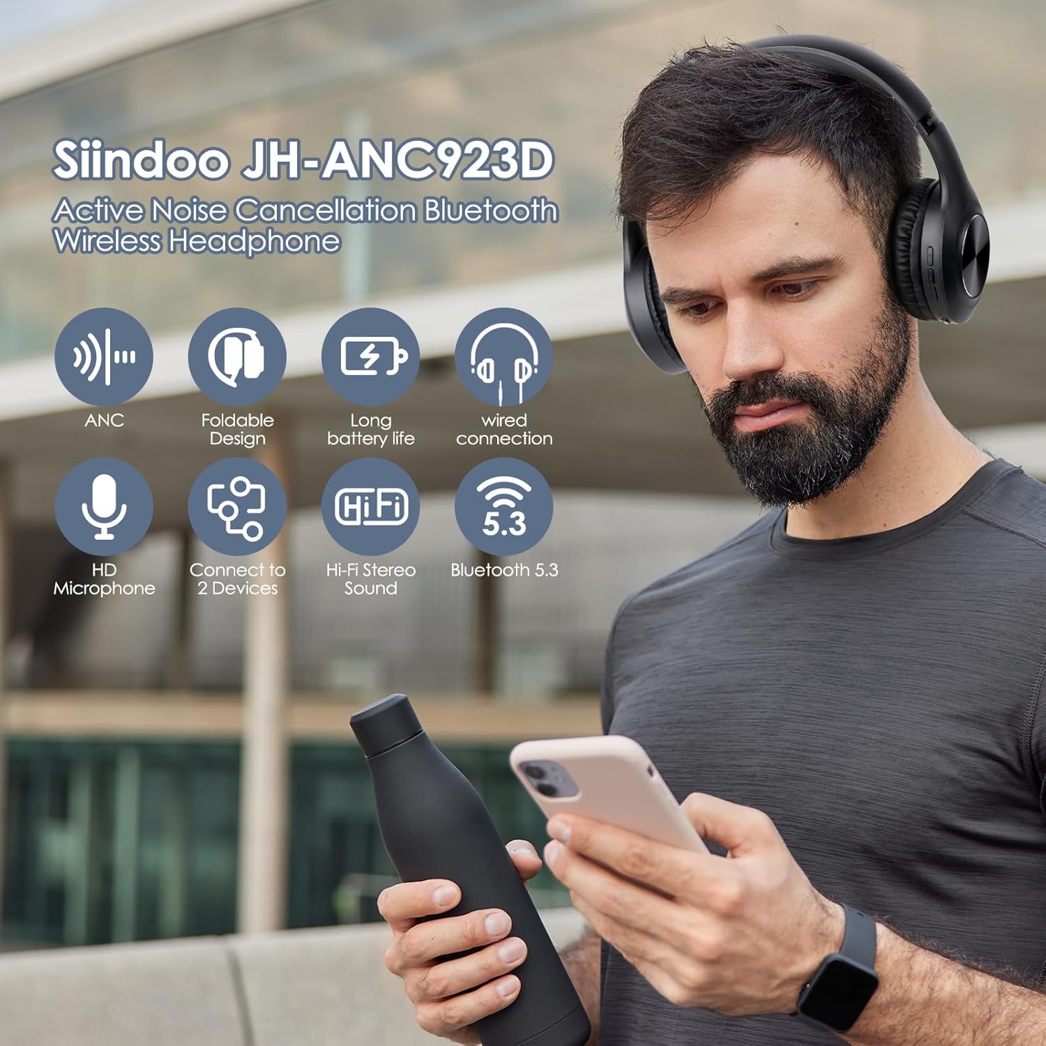 JH-ANC923 Active Noise Cancelling, Wireless Headset Foldable Over-Ear Bluetooth Headphone with Mic Hi-Fi Stereo Deep Bass