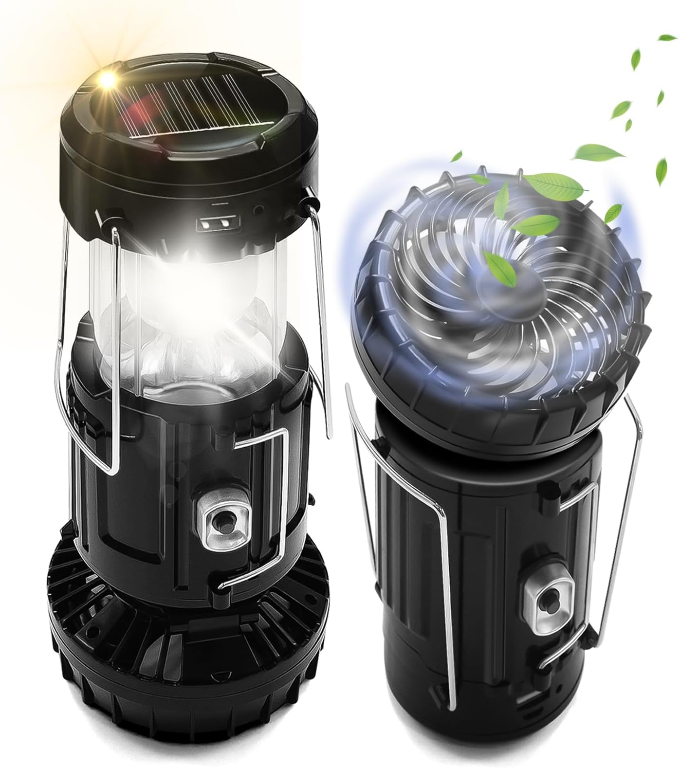 2-Pack Solar Camping Fan w/ Lantern, DIBMS Collapsible Solar Powered USB Rechargeable & Battery Powered Emergency Hanging Lights for Camping Tent Hurricanes Power Outages Storm Indoor Outdoor