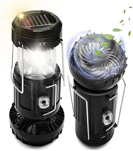 DIBMS - Paquete de 2 ventiladores solares para campamento con linterna, plegable, alimentado por energía solar, recargable por USB, luces colgantes