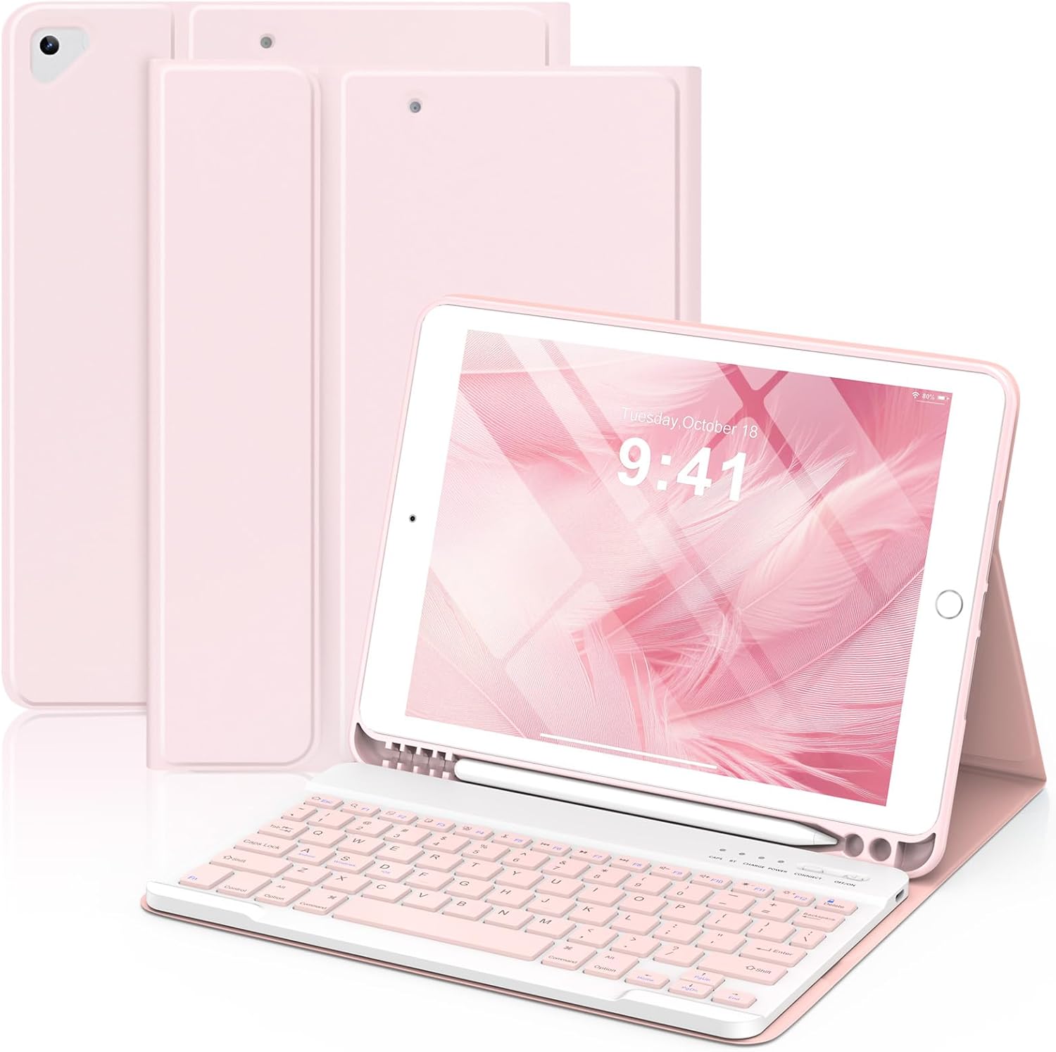 KBCASE Keyboard Case for iPad 9th/8th/7th Generation 2021/2020/2019, Compatible with iPad Air 3/Pro 10.5, Detachable Wireless Keyboard Case with Pencil Holder (Light Pink)