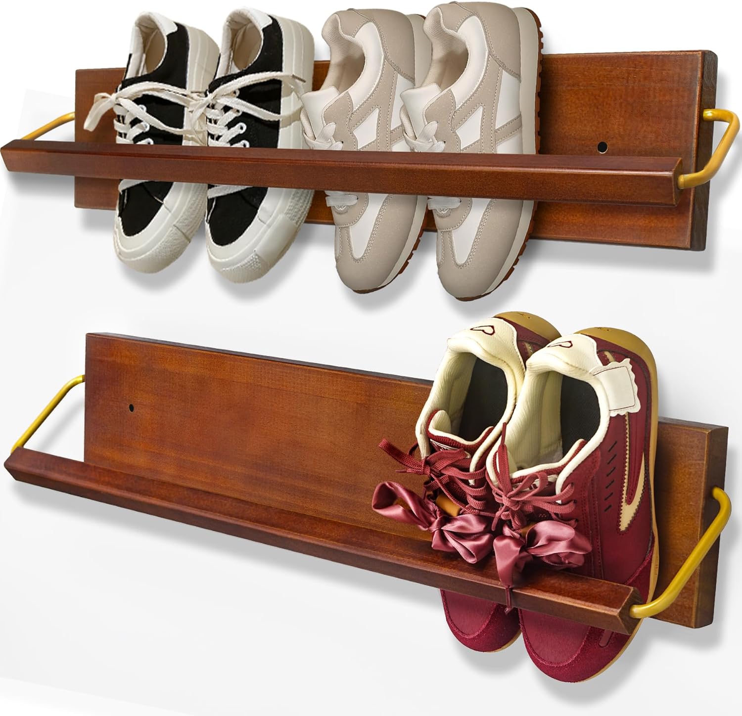 Wall Mounted Shoe Rack 2 Pcs, Solid Wood Wall Hanging Small Shoe Storage, Organize for Shoes, Sneaker, Slipper and Boots in Narrow Spaces, Entryway, Hallway, Trailer or RV, Walnut Color (28.5'' Long)