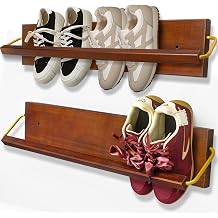 Wall Mounted Shoe Rack 2 Pcs, Solid Wood Wall Hanging Small Shoe Storage, Organize for Shoes, Sneaker, Slipper and Boots in Narrow Spaces, Entryway, Hallway, Trailer or RV, Walnut Color 28.5 Long