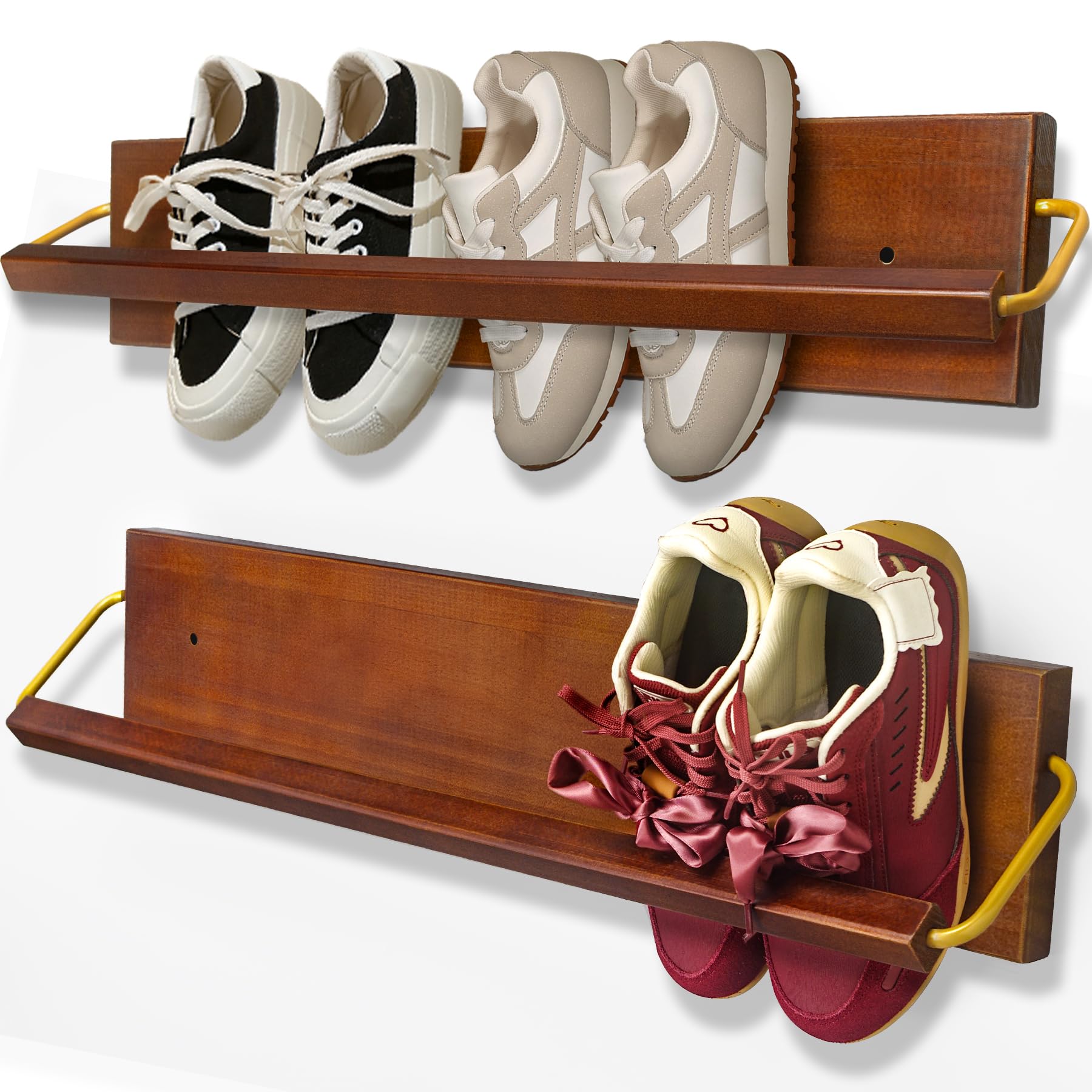 Wall Mounted Shoe Rack 2 Pcs, Solid Wood Wall Hanging Small Shoe Storage, Organize for Shoes, Sneaker, Slipper and Boots in Narrow Spaces, Entryway, Hallway, Trailer or RV, Walnut Color (28.5'' Long)
