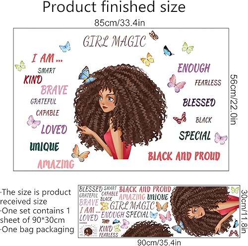 Miniatura 5 de Calcomanías inspiradoras de pared con diseño de mariposa de niña negra, sacinora con citas motivacionales, calcomanías de pared extraíbles de vinilo
