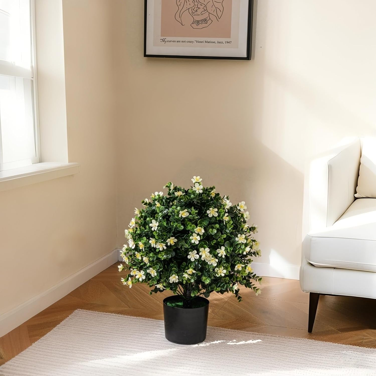 Safeplus 2 Pack 21.5'' Artificial Boxwood Topiary Ball Tree with White Flowers for Indoor Outdoor Décor