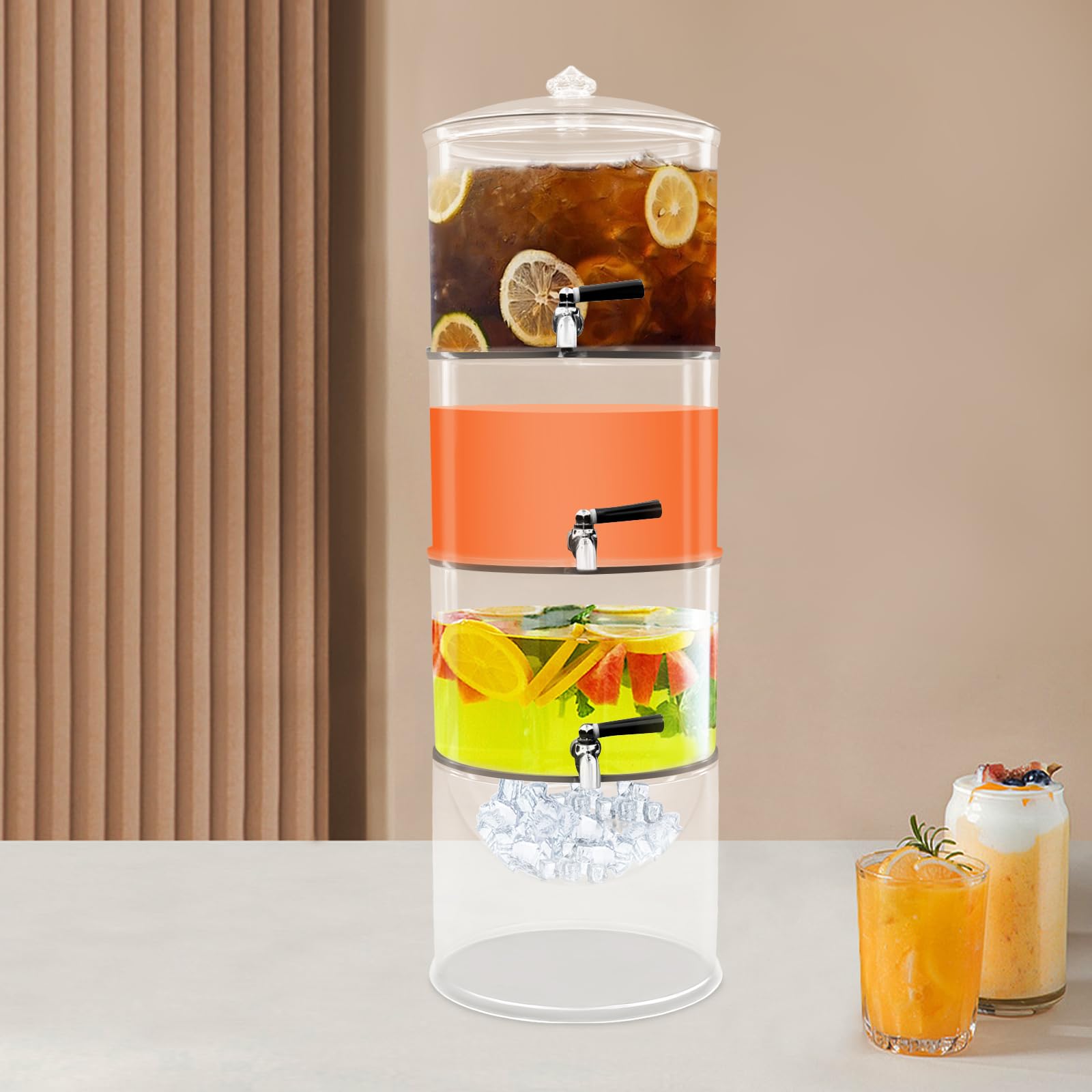 3-stufiger Getränkespender mit Zapfhahn, 12 L – Acryl Trinksäule mit Eiskammer (Eis selbst einfüllen) und Edelstahlhähnen – stapelbarer Drink Dispenser für Partys, Limonade, Saft, Eistee, Bier