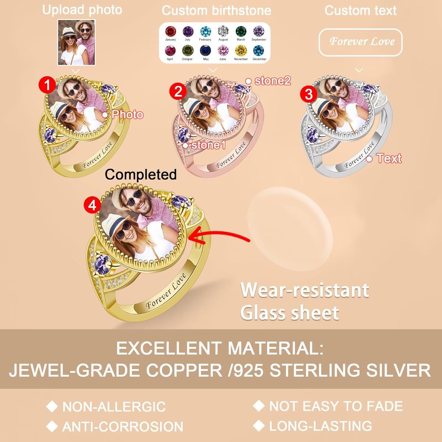 Custom Photo Ring Personalized 925 Sterling Silver Picture Rings for Women, Square/Heart/Round Customized Birthstone Rings for Her Women Lover Couple - Image 5