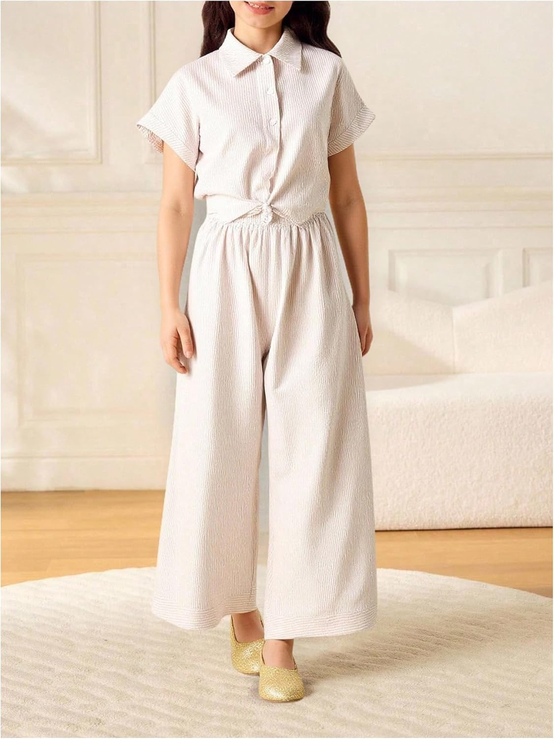 OYOANGLE Girl's 2 Pieces Outfits Striped Short Cuffed Sleeve Shirt and Elastic Waist Wide Leg Pants Sets - Image 6