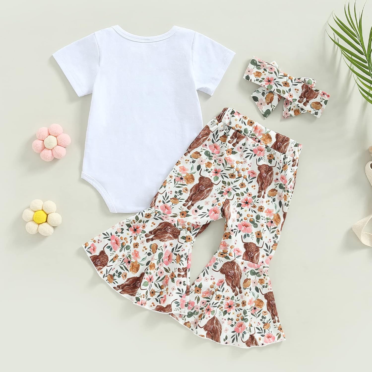 Lamuusaa Western Baby Girl Clothes Short Sleeve Romper Cow Print Flared Pants Bell Bottoms Headband 3Pcs Summer Outfit - Image 7