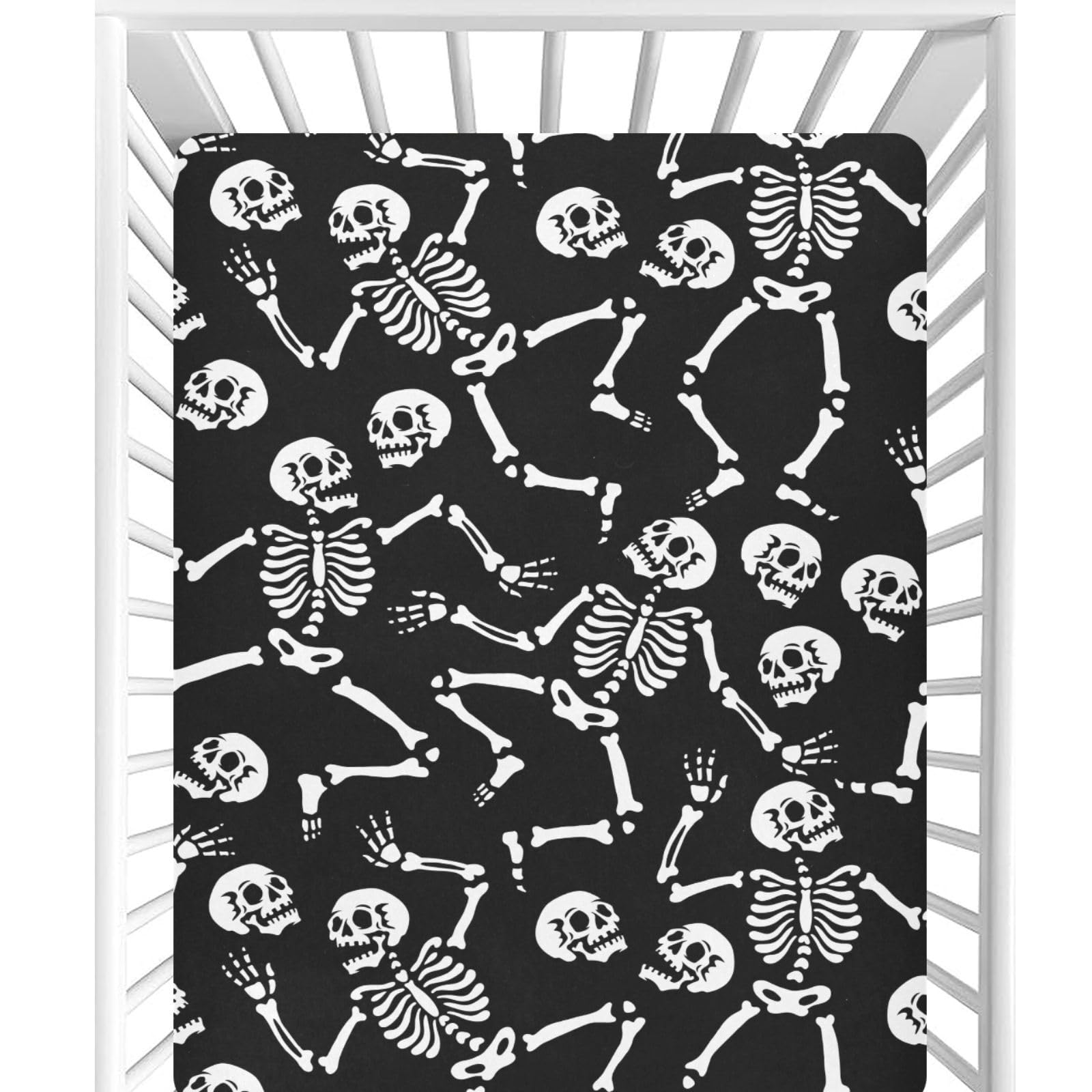 CaTaKu Halloween Skull Black Crib Sheets for Baby Girls Boys,Neutral Mini Crib Mattress Sheets Fitted, Baby Nursery Bed Sheet for Crib Toddler Mattress 27"x 39"