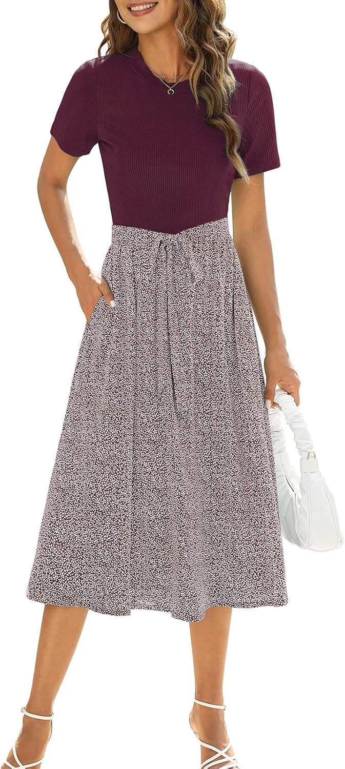 Zattcas Women Short Sleeve Ribbed Midi Dress Modest Casual Work Dress