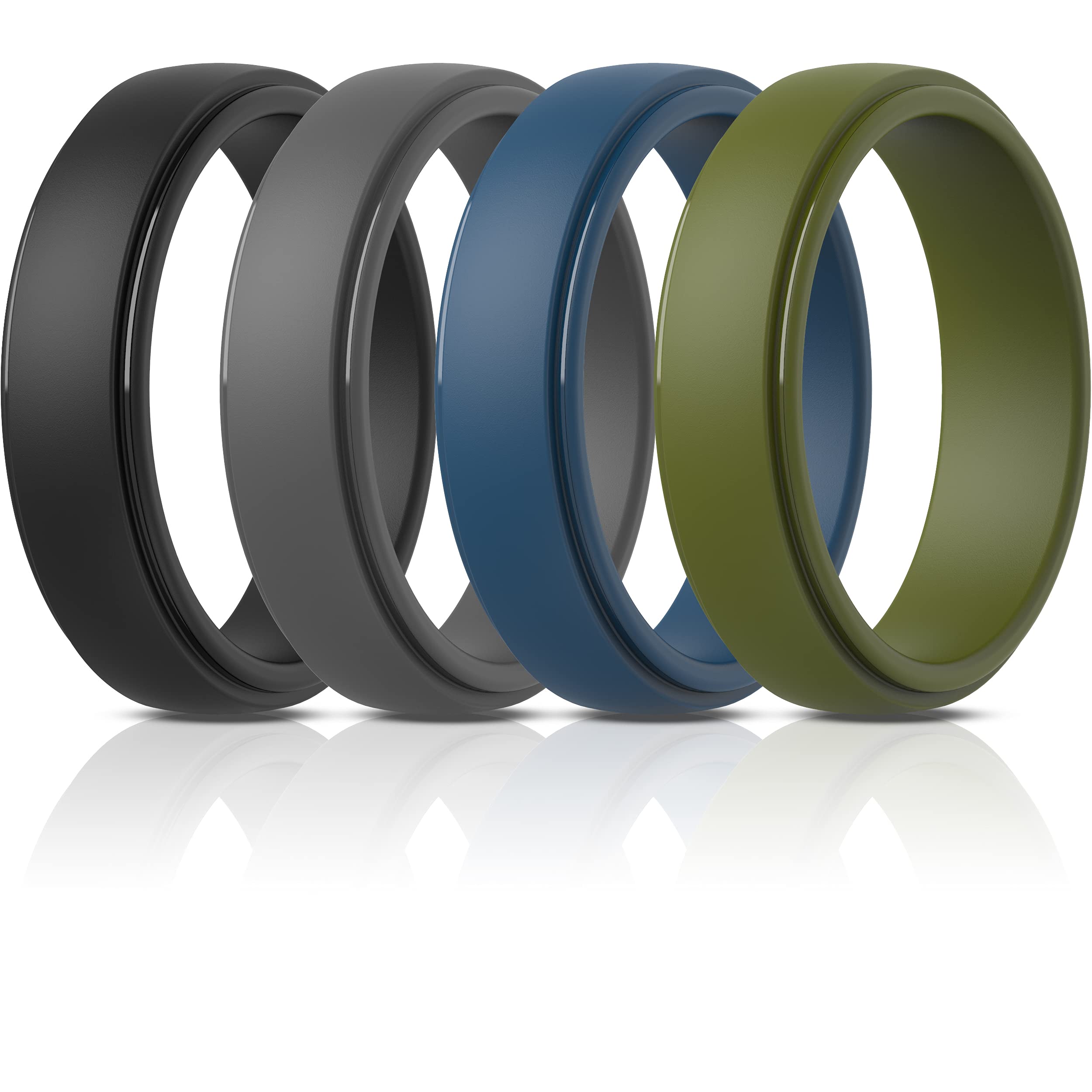 ThunderFit Silicone Rings for Men, Stepped Edge Rubber Wedding Bands - 1/4 Variety Multipack