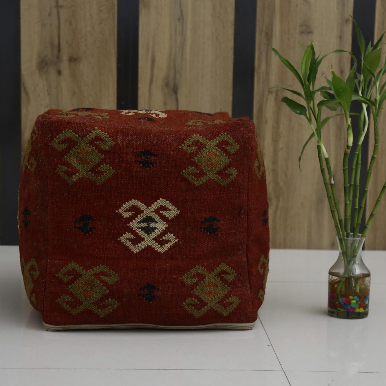 Trade Star 70% Jute 30% Wool Kilim Pouf Cover Pouffe Cover Handmade Authentic Ottoman Footstool Cover Vintage Rustic Home Decor Seating Pouf Case Floor Decor for Living Room (Pattern 4)