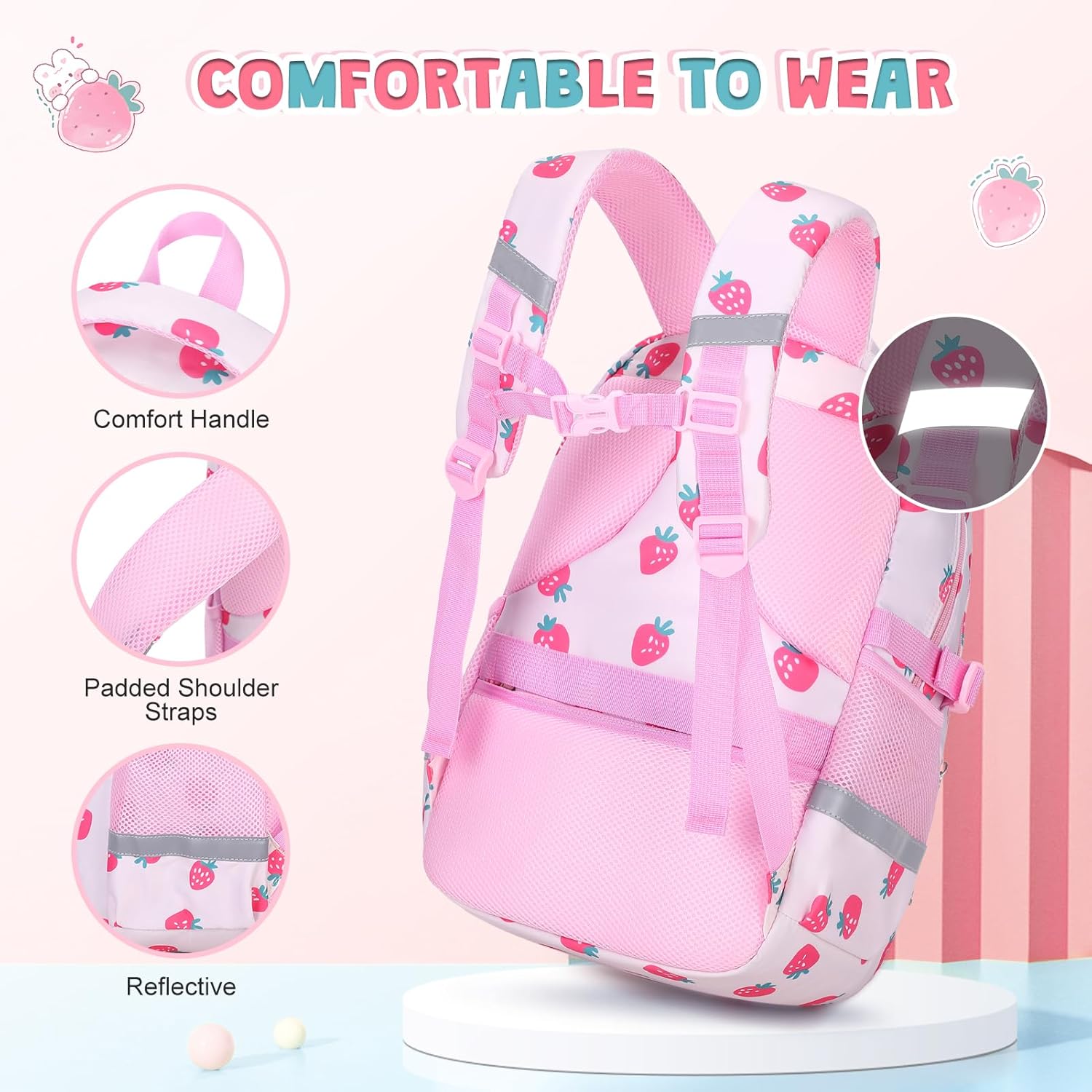 Kids Backpack for Girls, 3PCS Toddler Girls Backpack Set with Lunch Box & Pencil Case, School Bag Cute Bookbag for Preschool Kindergarten Elementary Student Ages 3-12, Beige Strawberry - Image 4