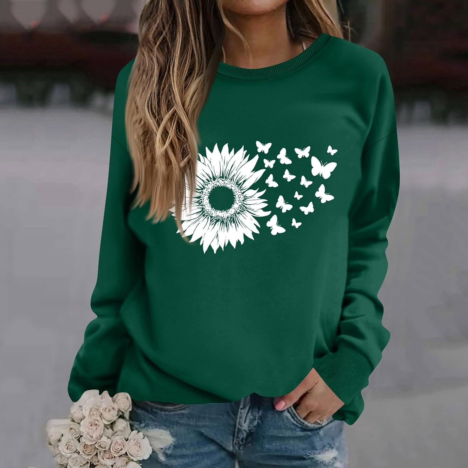Women's Sweatshirt, Crewneck Floral Print Long Sleeve Sweatshirts Casual Loose Fit Pullover Shirts, S-3XL