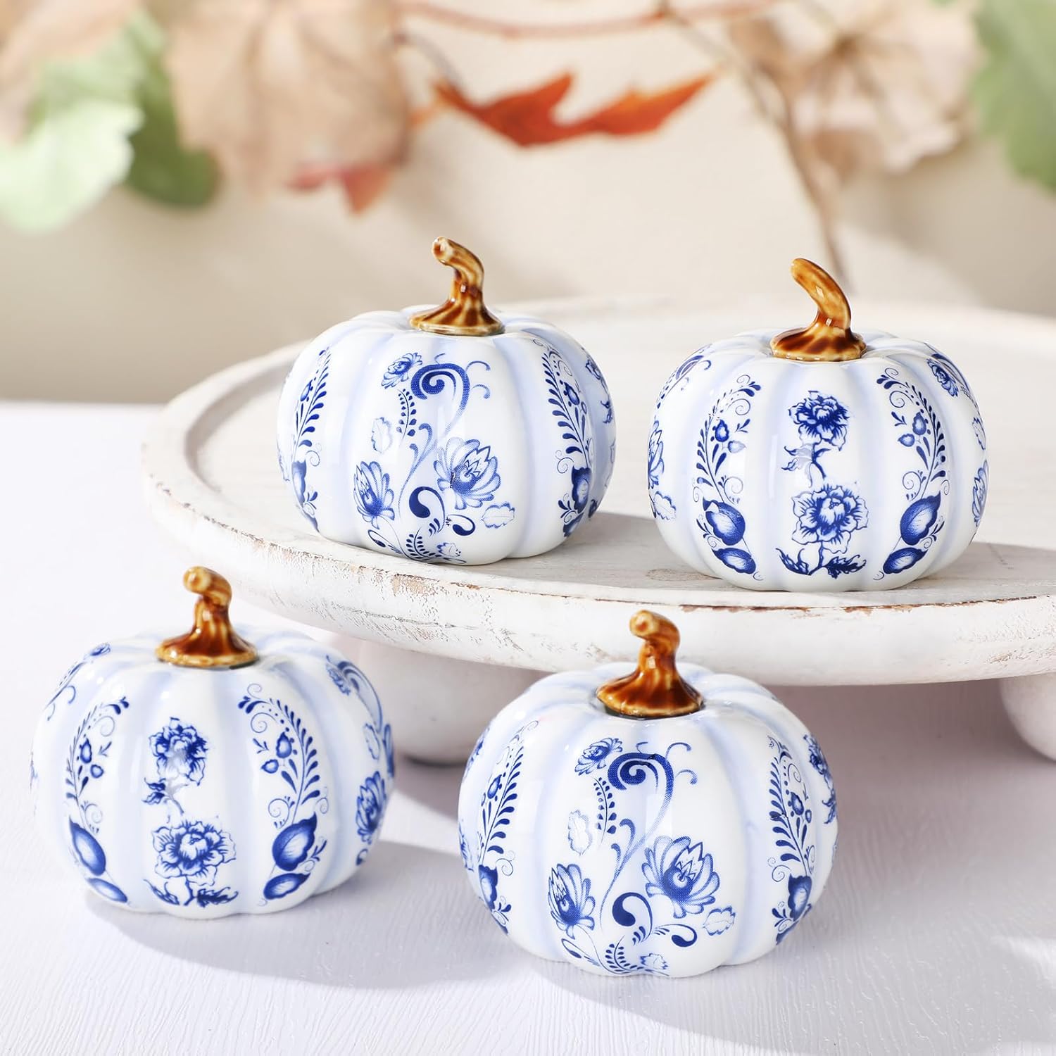 4 Pcs Chinoiserie Ceramic Pumpkins Fall Decorations Blue and White Porcelain Decoration for Fall Tiered Tray Thanksgiving Table Centerpiece Bowl Basket Fillers Mantel Home Decoration