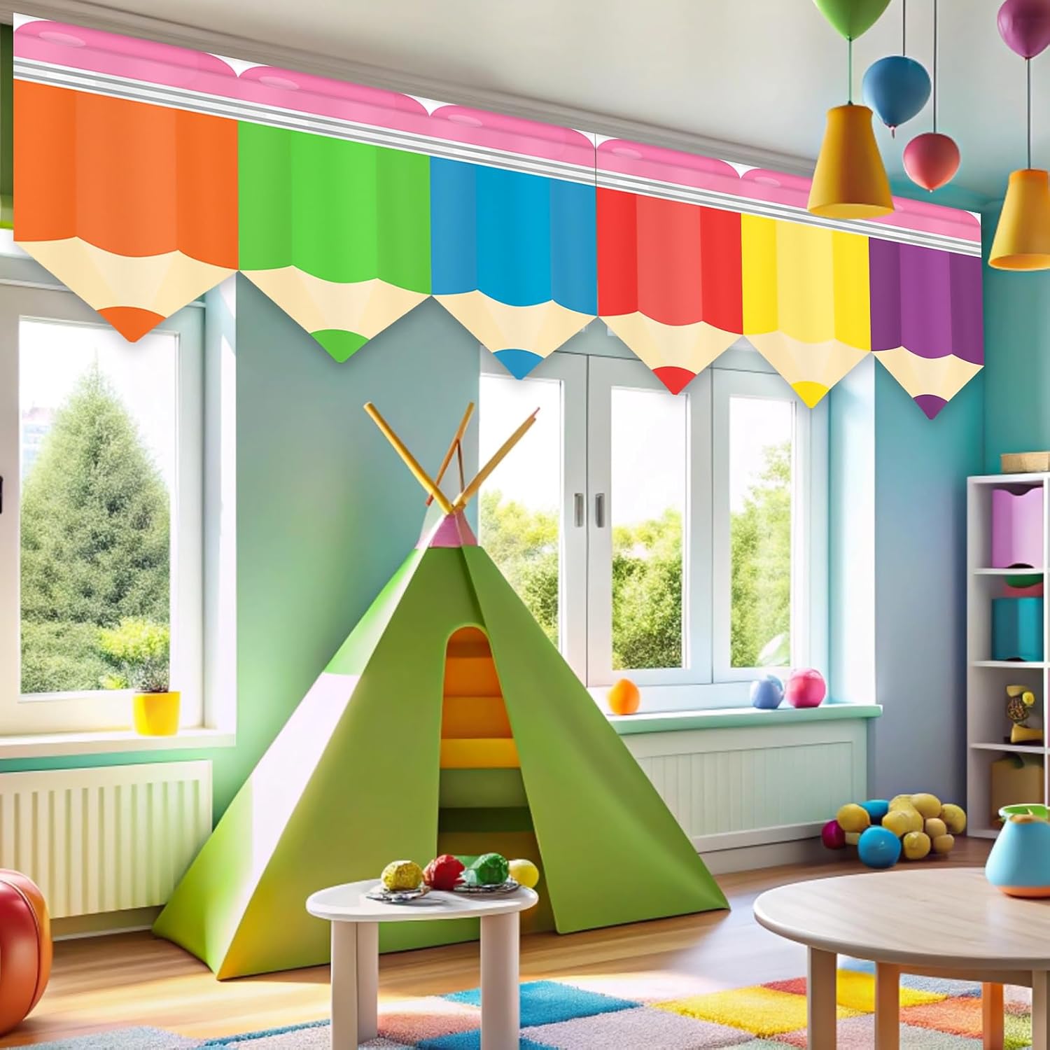 6 Pcs Classroom Curtains for Windows, Colorful Pencil Classroom Window Cover for Kindergarten Daycare Primary Bedroom Shelves Decor 36" X 24" (Pencil)