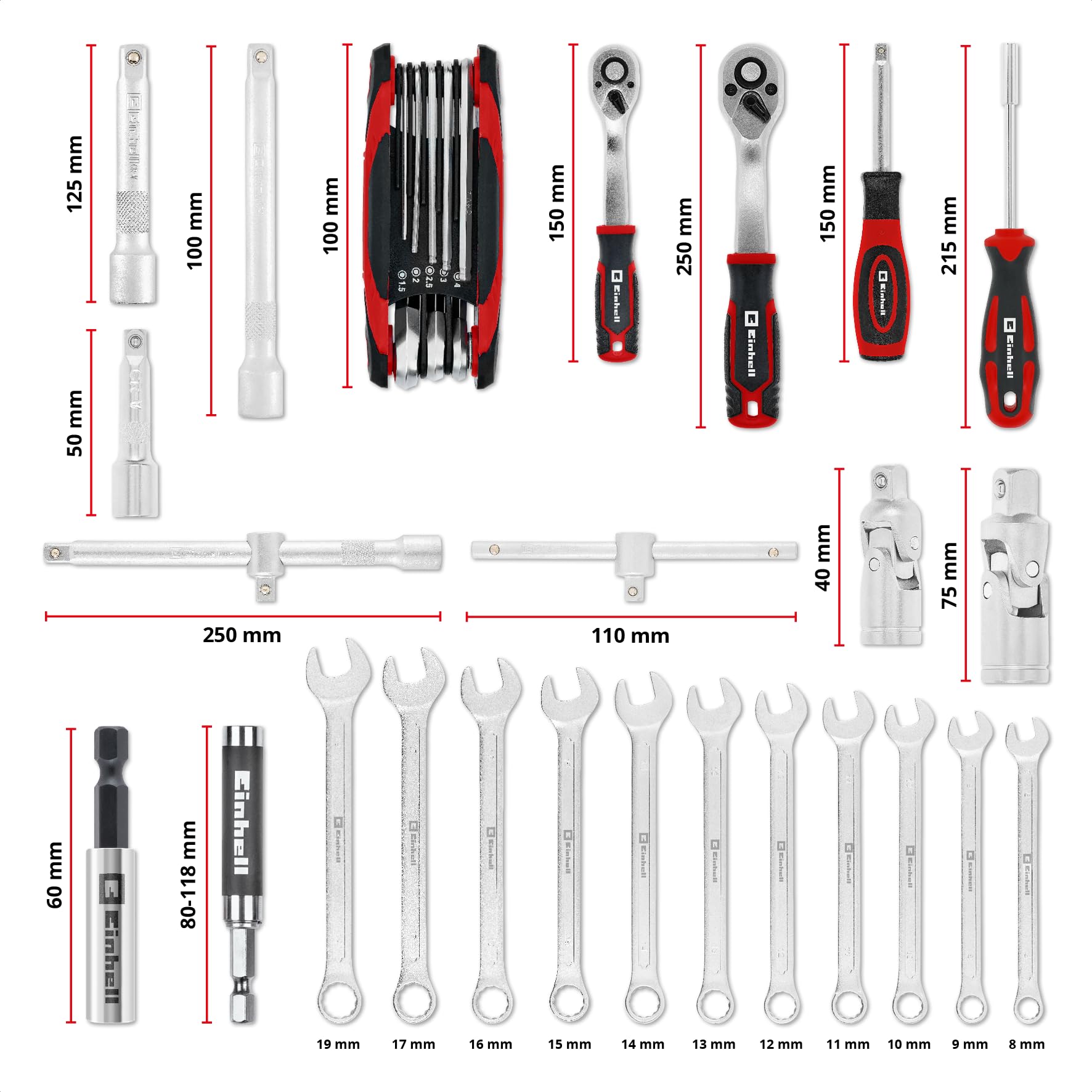Originale Einhell Valigetta Attrezzi Meccanica E-Case 201 pz (Multifunzione, Set Bit, Bussole, Cricchetti, Chiavi, Sistema E-Case)