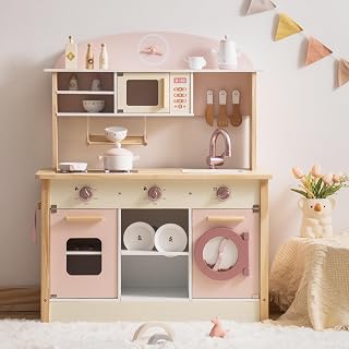 ROBOTIME Pink Wooden Play Kitchen Set for Kids 3+ - Realistic Pretend Kitchen Playset with Dishwasher, Microwave & 17 Accessories