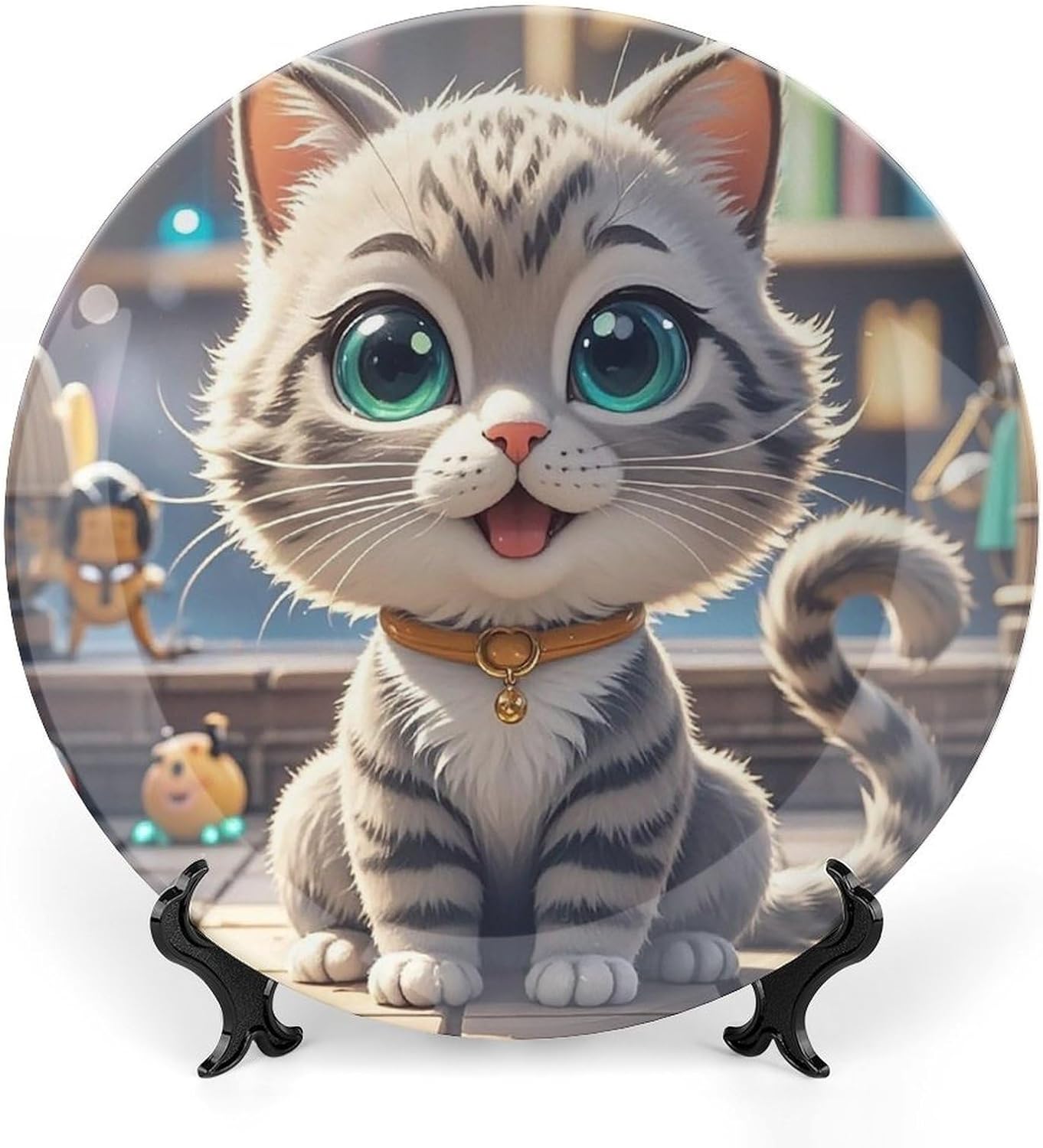 Cute Cartoon Animal Kitten Decorative Ceramic Plate Round Porcelain Plate Decor Personalized Bone China Decorative Plates Ceramic Ornaments Dessert Plates with Display Stand 10inch