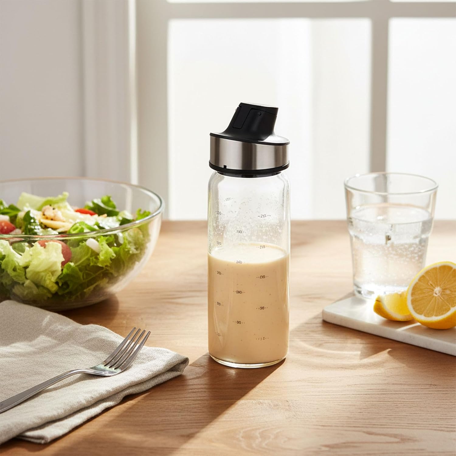 10 oz High Borosilicate Glass Salad Dressing Shaker Bottle, Sauce Cruet and Condiment Dispenser for Syrup, Soy Sauce, Meal Prep and Dining Table