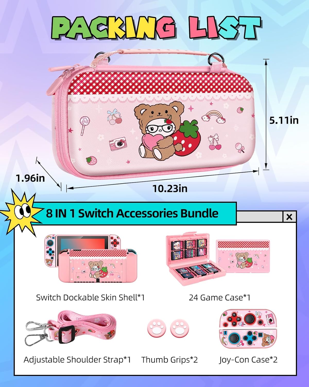 Gurgitat 8in1 Kits Accessories Bundle for Nintendo Switch OLED 2021 - Cute Carrying Case, Protective Cover, Joy Con Grips, Thumb Grips, 24 Game Holder, Shoulder Strap Teens Boys Girls, Strawberry