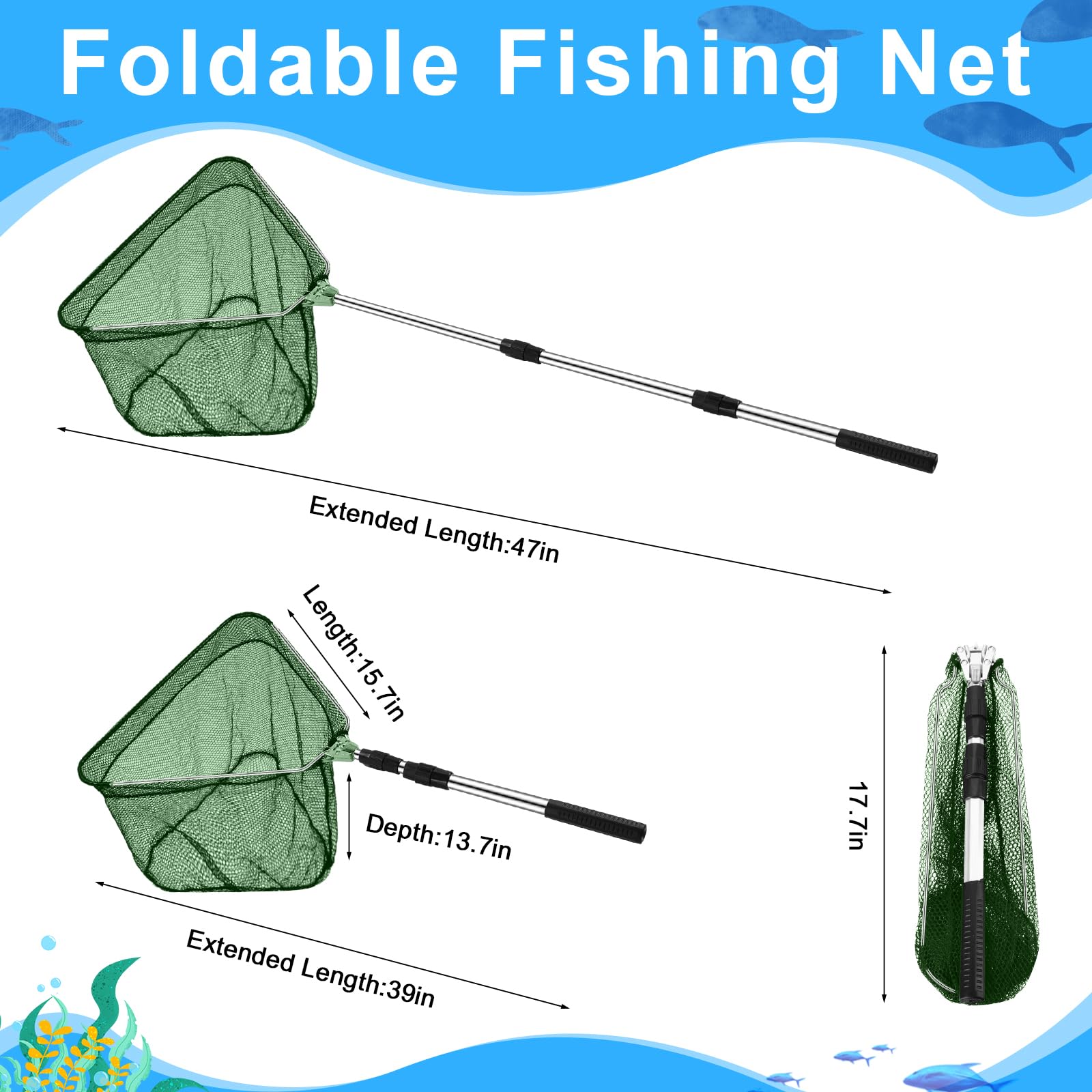 Hollowfly 2 cestas de alambre de acero y red de aterrizaje de pesca con extensión de poste telescópico de aluminio, incluye 1 red de pesca portátil con asa, 1 cesta de pesca plegable de alambre para