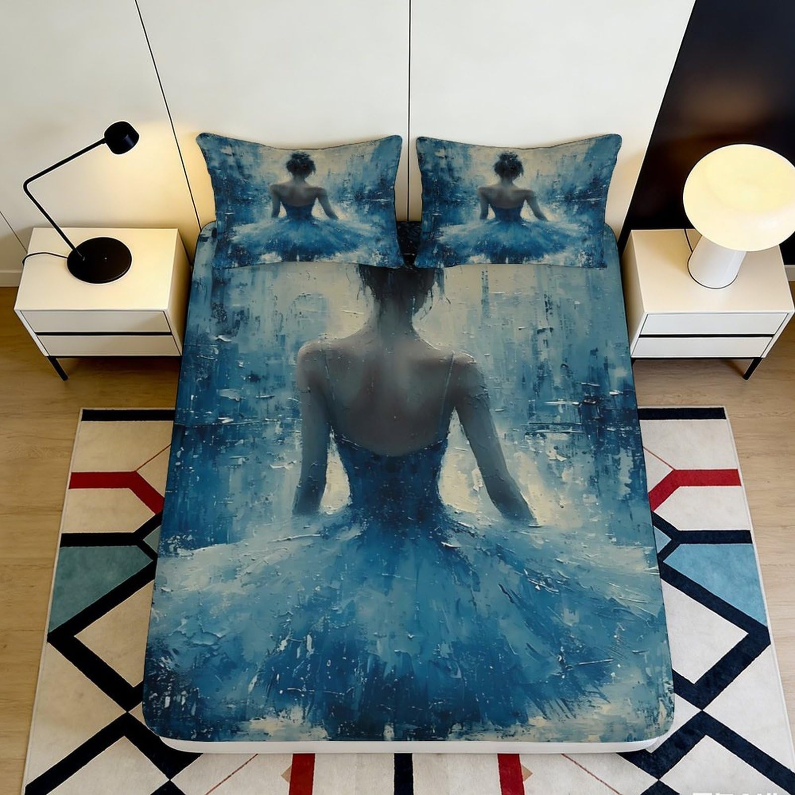 3D Printed Blue Ballerina Fitted Sheet Microfiber Soft Artistic Ballet Bed Cover for Bedroom Guest Room Decor 90x200x25cm