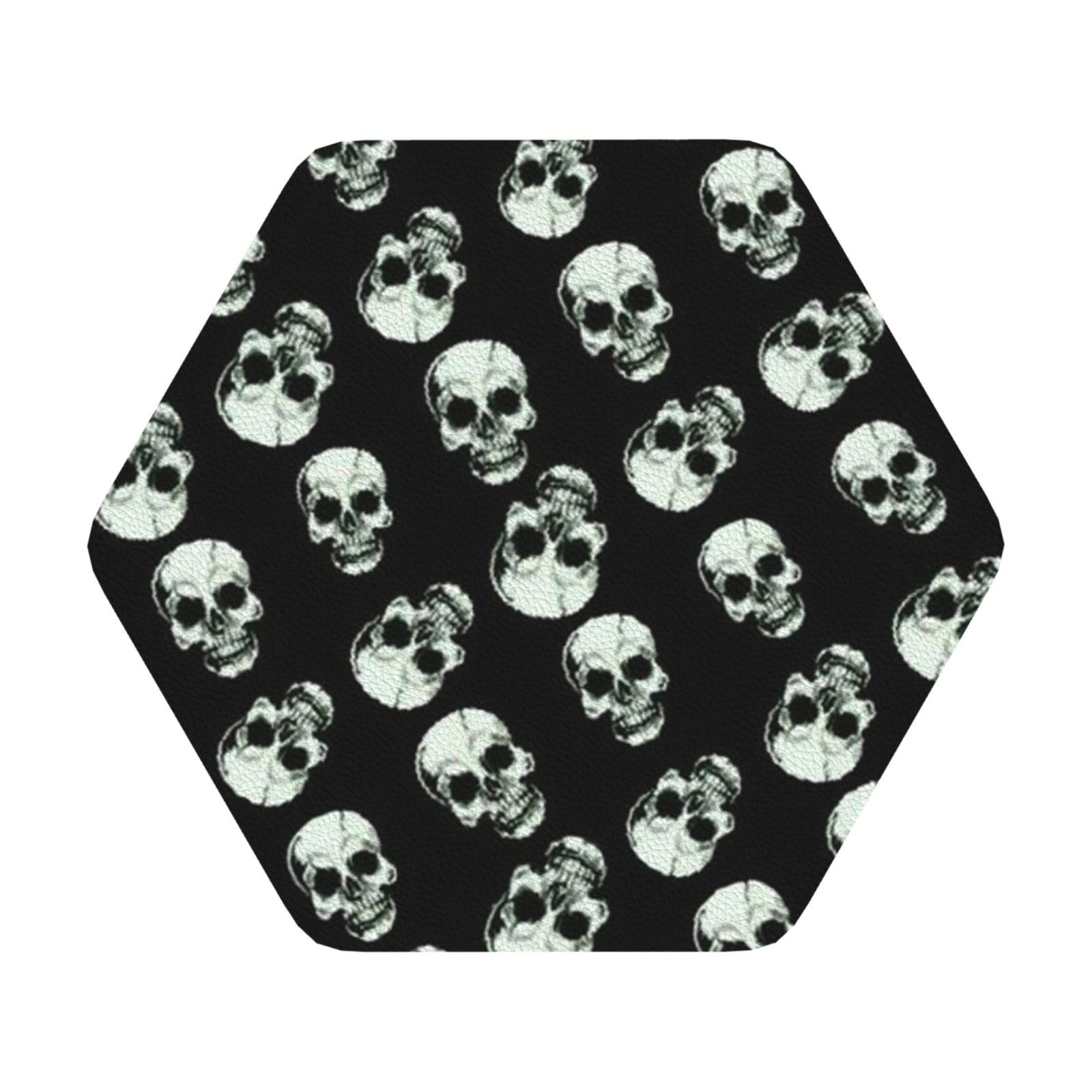 black skull PU Leather Coasters Set of 6 Hexagon Drink Coasters
