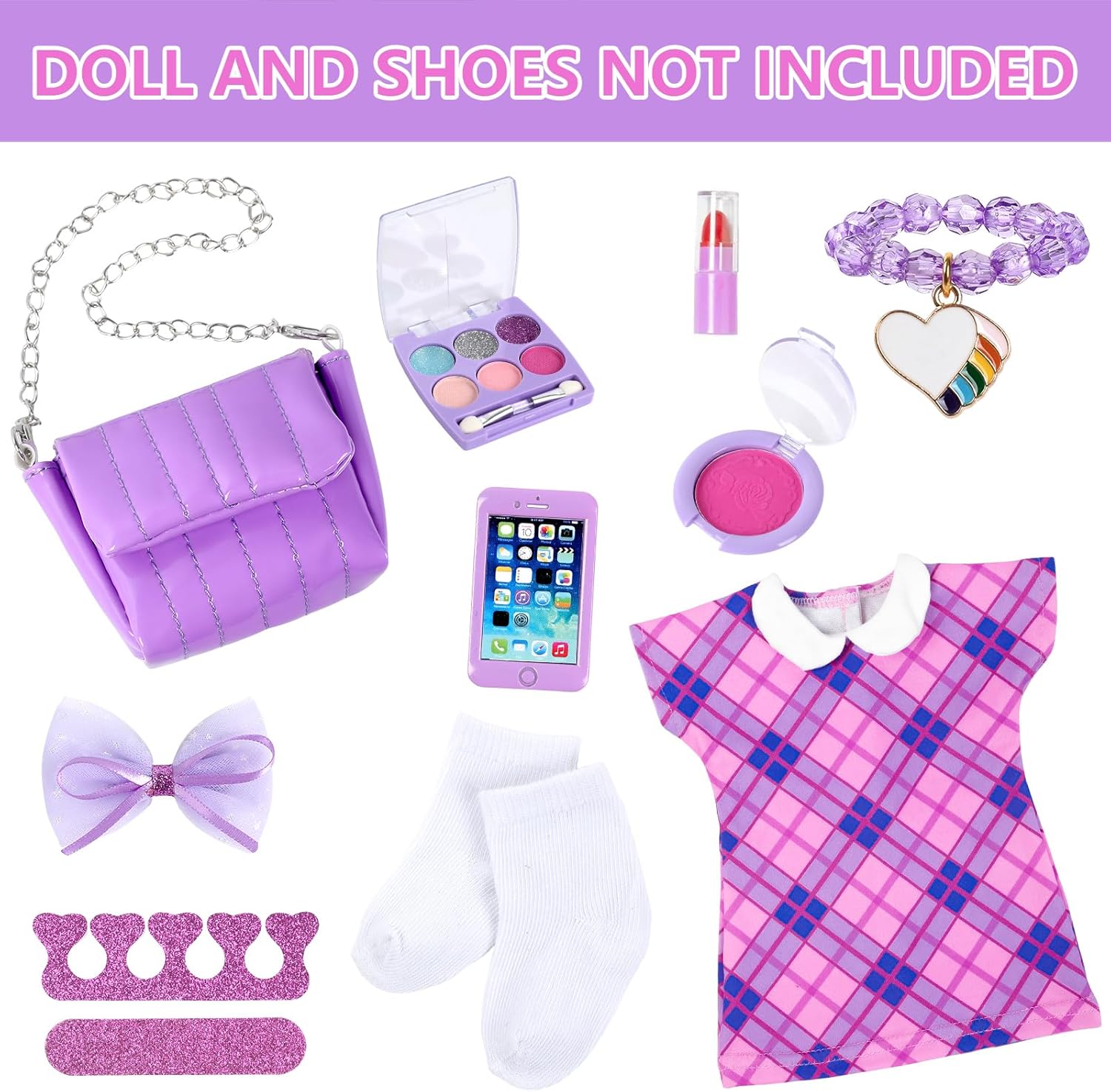 ZNTWEI American 18 Inch Doll Clothes and Makeup Accessories Playset Fit 18 Inch Doll Includes Dolls Clothes Sunglasses Phone Eye Shadow Plate Bag Lipstick Bracelet Blusher Hairpins