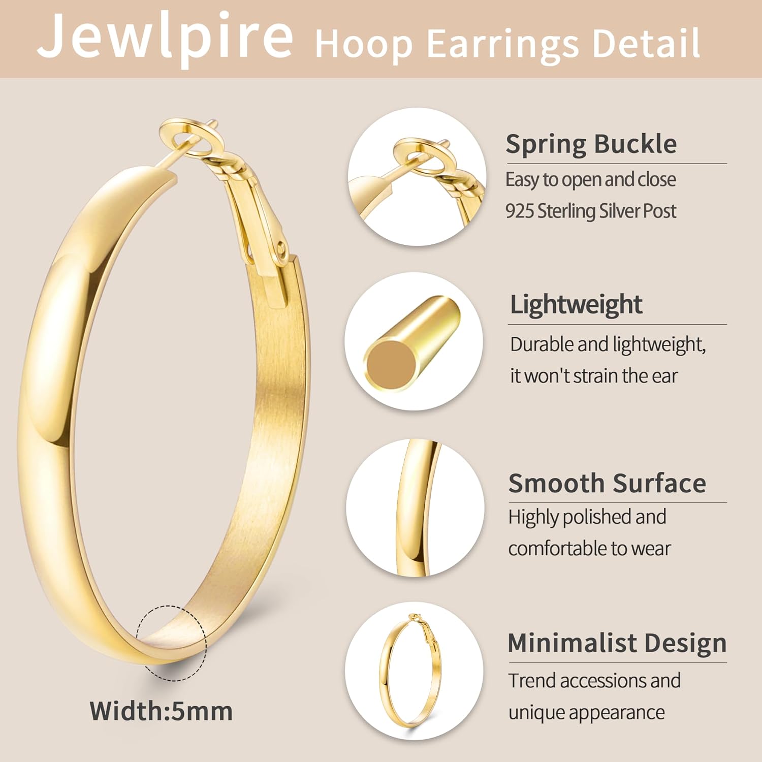 Jewlpire 14K Gold Plated 925 Sterling Sliver Post Hoop Earrings, 4MM/5MM Thick Non Tarnish Lightweight Hoop Earrings for Women Trendy 20/30/40/50/60/70mm - Image 3
