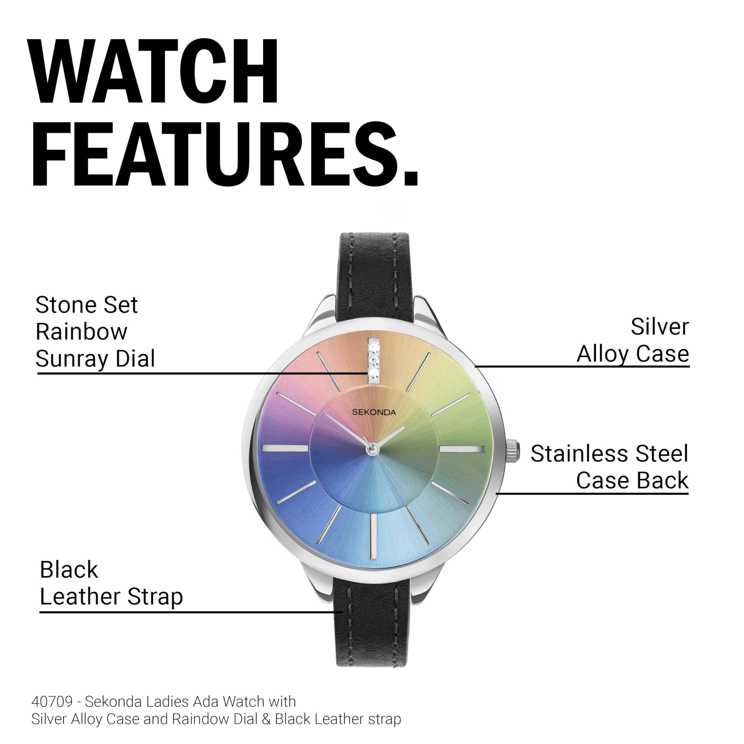Sekonda Ada 39 mm Orologio al quarzo da donna con tre lancette con pietre incastonate quadrante Sunray Display analogico e cinturino in pelle