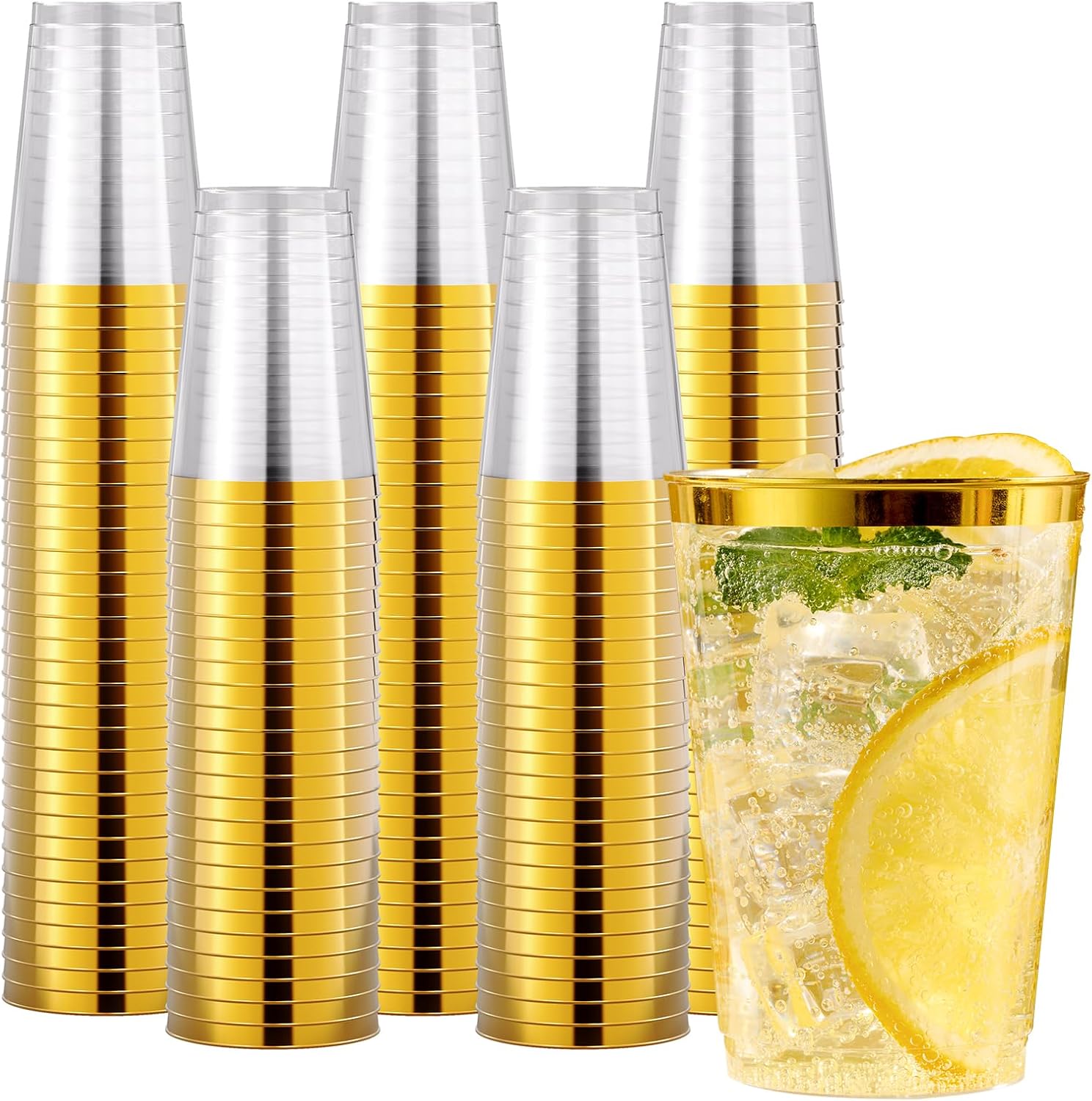 JOLLY CHEF 200 Pack 12 oz Gold Plastic Cups Elegant Gold Rimmed Disposable Cups Heavy-Duty Party Cups for Wedding & Party GoldRim-12oz-200