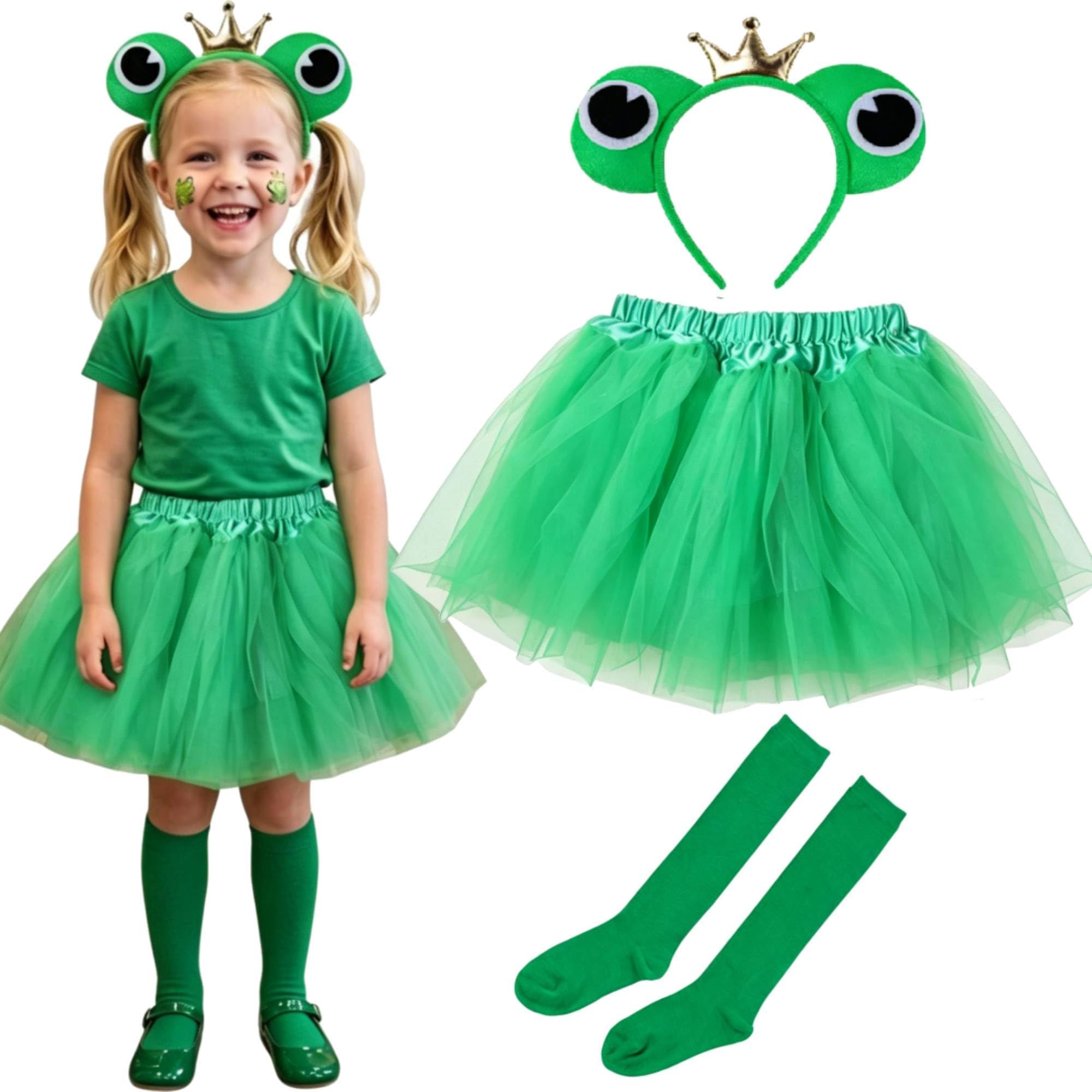Kids Animal Green Frog Ears Headband Bowtie Tail & Tutu Costume