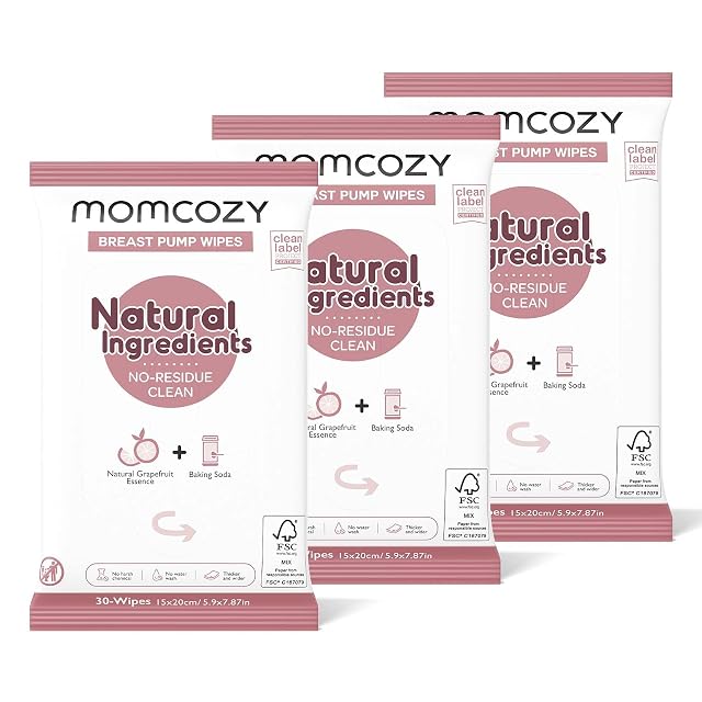 Momcozy Natural Breast Pump Wipes for Pump Parts Cleaning On-the-go 30 Count Pack of 3 Flash Clean Resealable